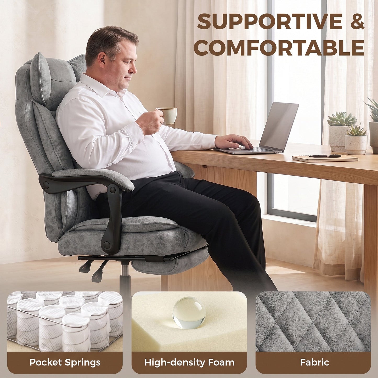 Executive Office Chair with Footrest, 180kg 400lb Big and Tall Leathaire Desk Chair with Wide Seat, Reclining Back, Lumbar Support, Built-in Headrest, Class 4 Gas Lift, Swivel Wheel, Grey