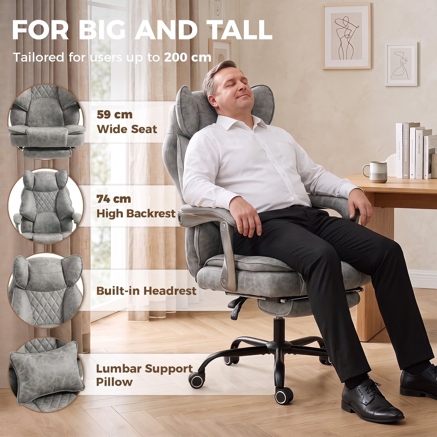 Executive Office Chair with Footrest, 180kg 400lb Big and Tall Leathaire Desk Chair with Wide Seat, Reclining Back, Lumbar Support, Built-in Headrest, Class 4 Gas Lift, Swivel Wheel, Grey