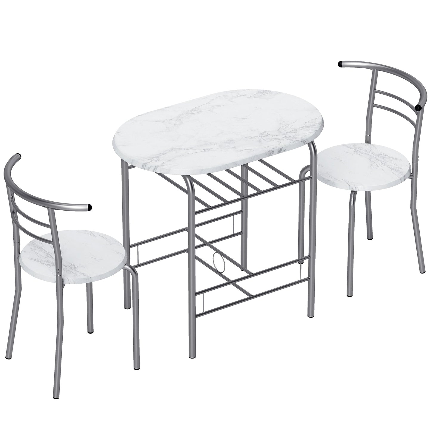 Dining Table and Chairs Set 3, Breakfast Bar Table and 2 Chairs with Storage Shelf, Marble-Effect Tabletop, Metal Frame, Dining Room Set for Living Room, Small Space, White
