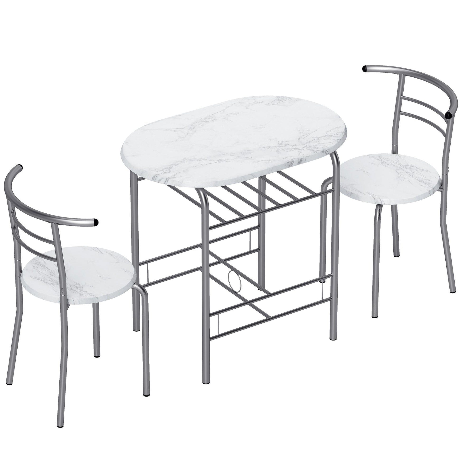 Dining Table and Chairs Set 3, Breakfast Bar Table and 2 Chairs with Storage Shelf, Marble-Effect Tabletop, Metal Frame, Dining Room Set for Living Room, Small Space, White