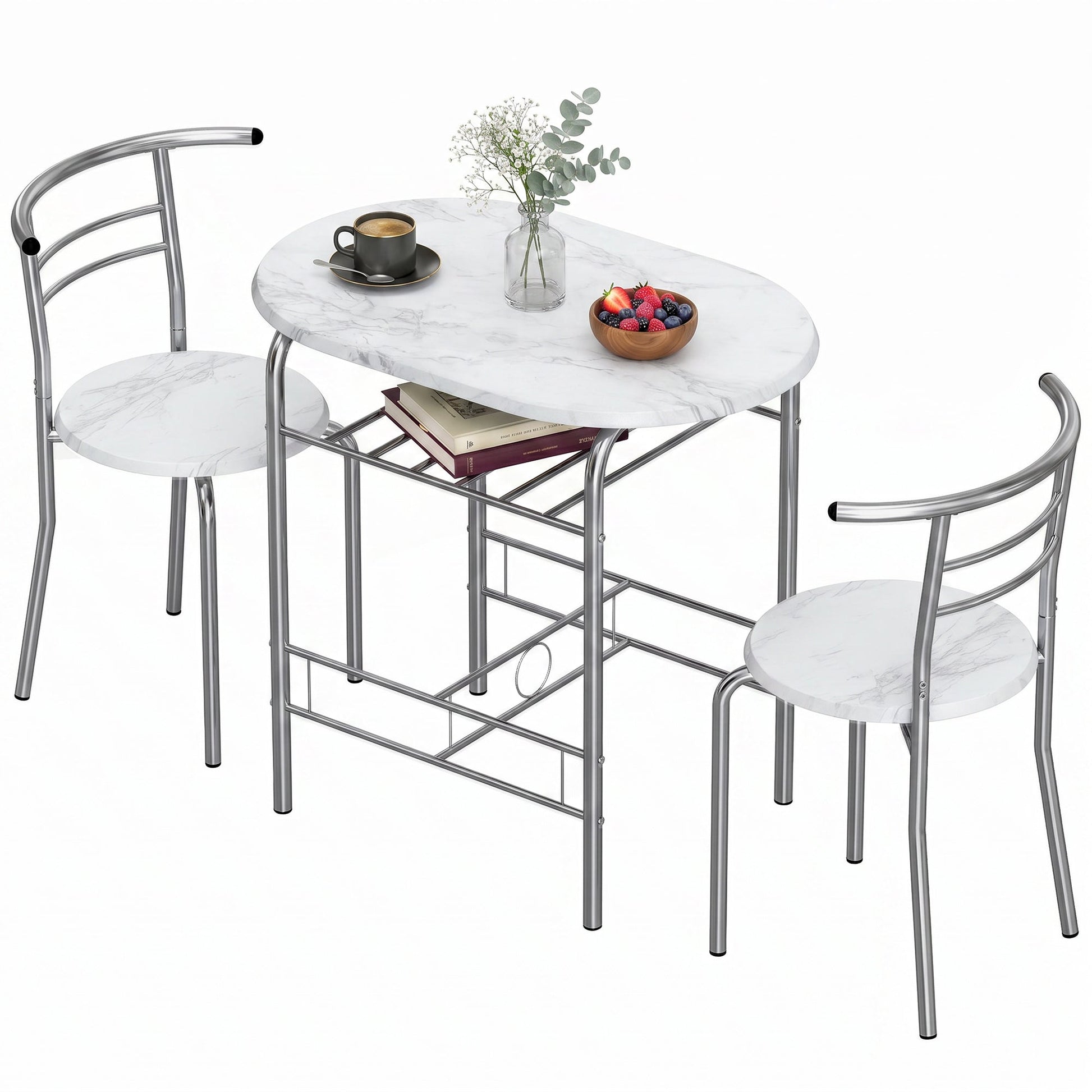 Dining Table and Chairs Set 3, Breakfast Bar Table and 2 Chairs with Storage Shelf, Marble-Effect Tabletop, Metal Frame, Dining Room Set for Living Room, Small Space, White