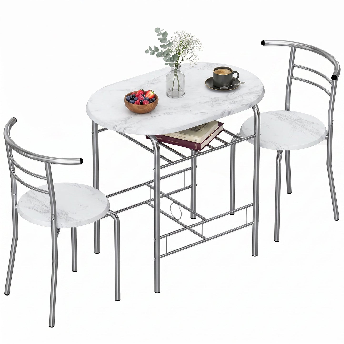 Dining Table and Chairs Set 3, Breakfast Bar Table and 2 Chairs with Storage Shelf, Marble-Effect Tabletop, Metal Frame, Dining Room Set for Living Room, Small Space, White