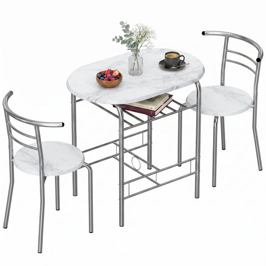 Dining Table and Chairs Set 3, Breakfast Bar Table and 2 Chairs with Storage Shelf, Marble-Effect Tabletop, Metal Frame, Dining Room Set for Living Room, Small Space, White