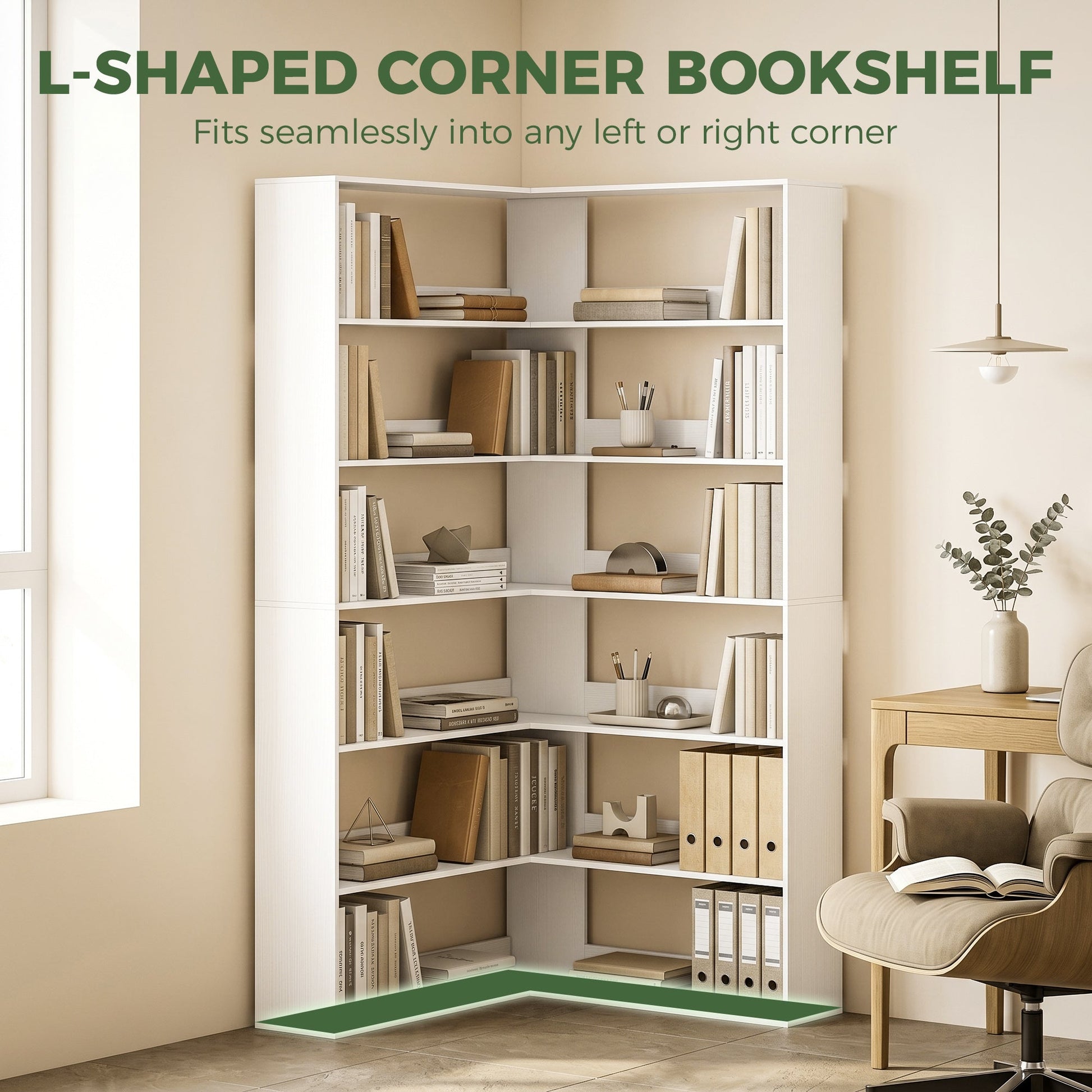 7 Tiers Corner Bookshelf, L-Shaped Bookcase with Anti-Slip Rear Guard, Storage Shelves for Living Room, Bedroom and Home Office, 90W x 90D x 180H cm, White Wood Effect