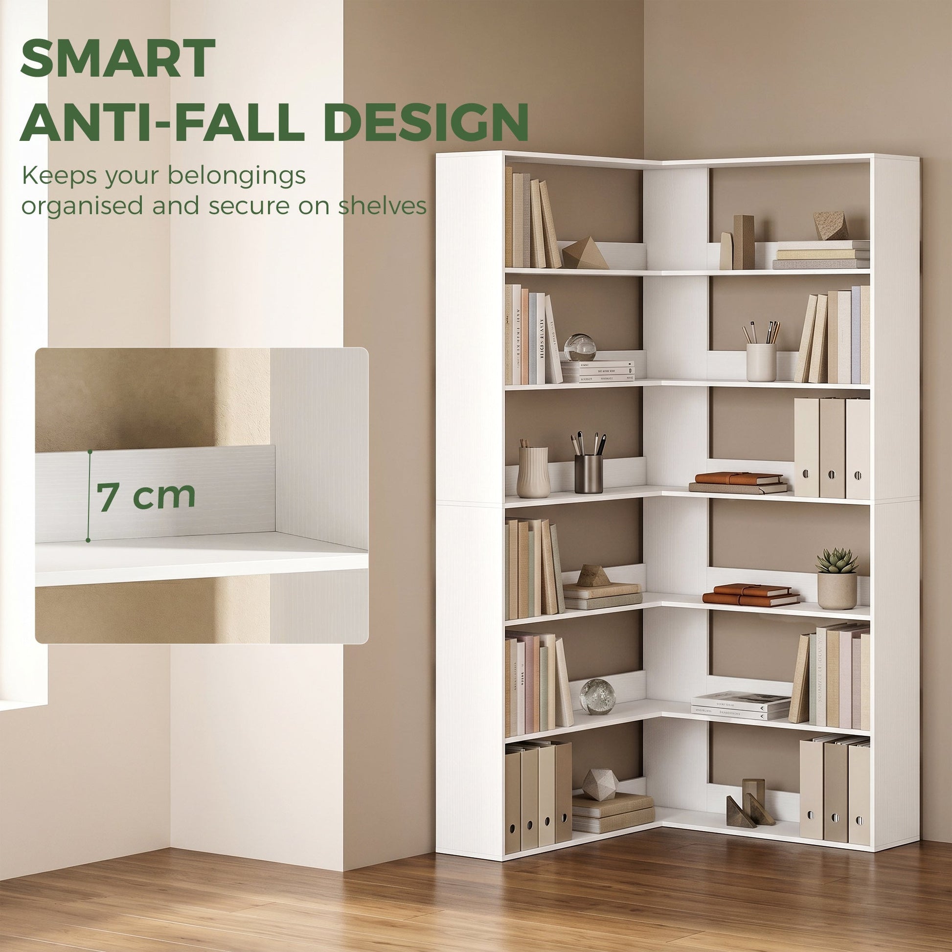 7 Tiers Corner Bookshelf, L-Shaped Bookcase with Anti-Slip Rear Guard, Storage Shelves for Living Room, Bedroom and Home Office, 90W x 90D x 180H cm, White Wood Effect