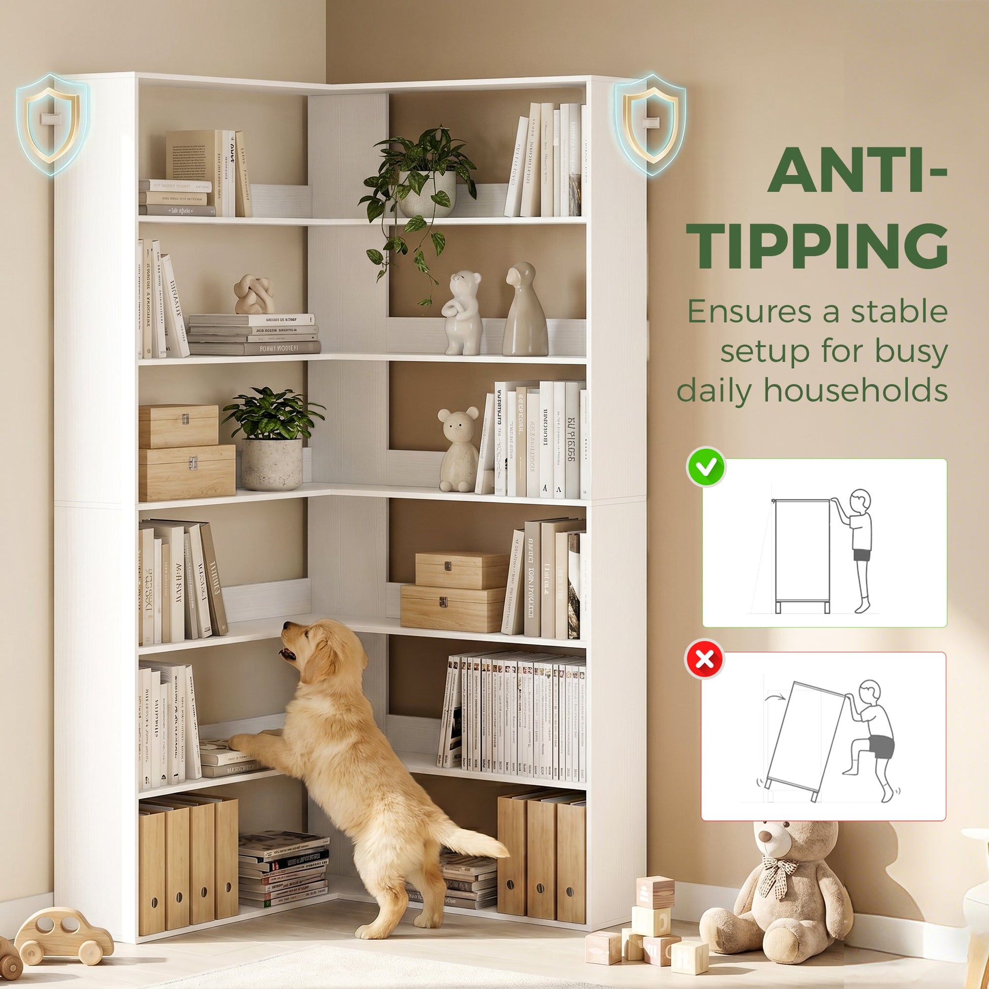 7 Tiers Corner Bookshelf, L-Shaped Bookcase with Anti-Slip Rear Guard, Storage Shelves for Living Room, Bedroom and Home Office, 90W x 90D x 180H cm, White Wood Effect