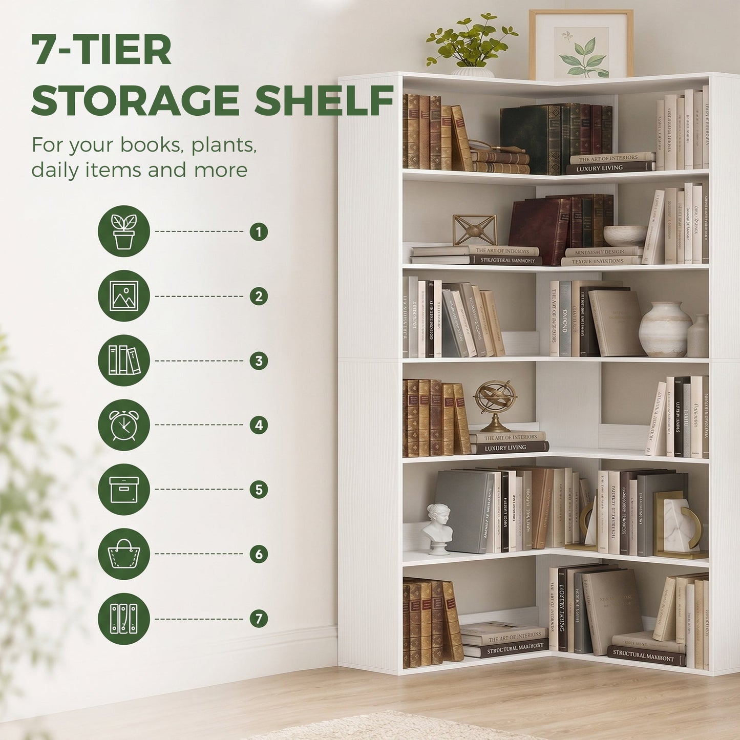 7 Tiers Corner Bookshelf, L-Shaped Bookcase with Anti-Slip Rear Guard, Storage Shelves for Living Room, Bedroom and Home Office, 90W x 90D x 180H cm, White Wood Effect
