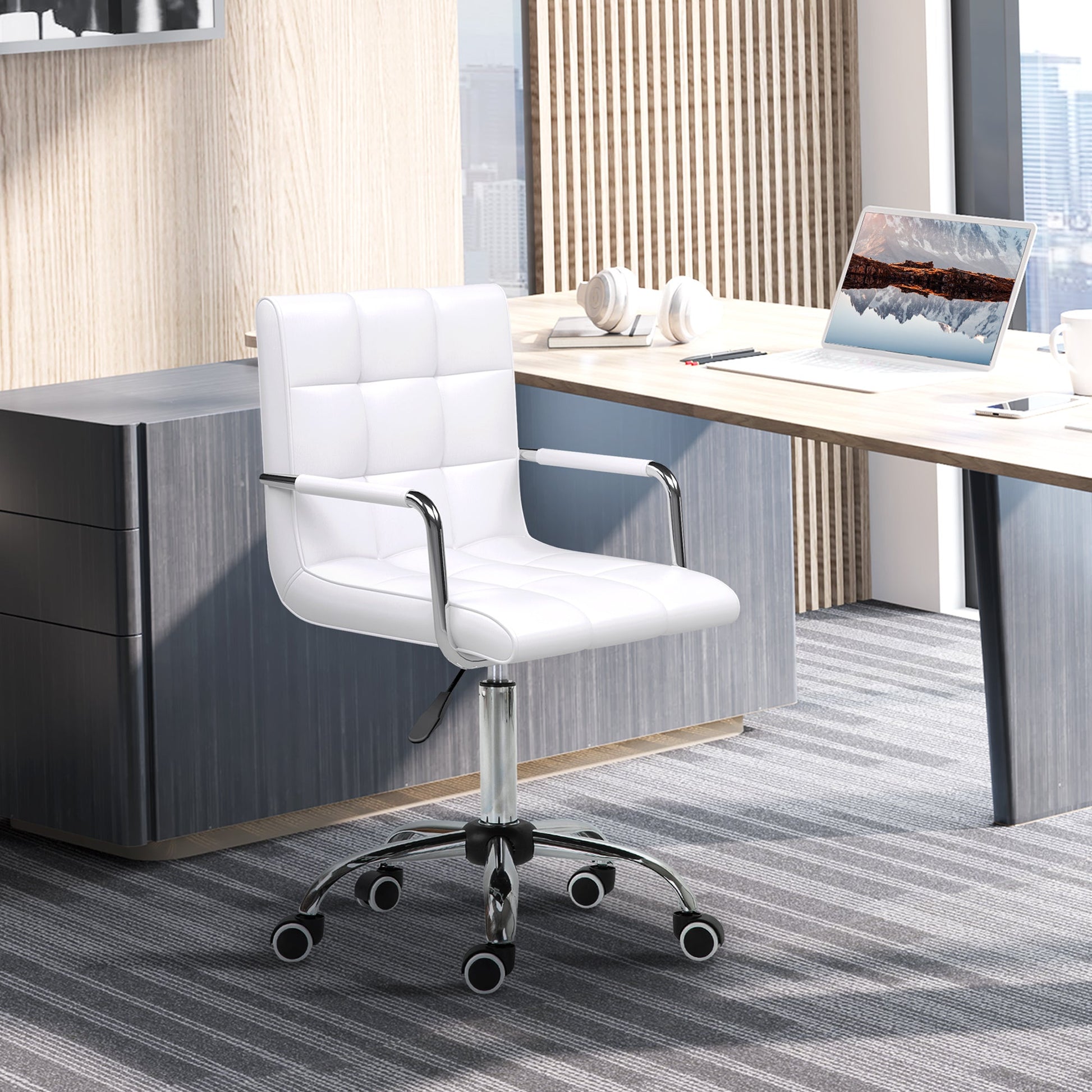 Vinsetto Office Chair, Makeup Vanity Chair, Mid Back Computer Chair, PU Leather Swivel Study Chair with Adjustable Height, Armrest and Rolling Wheels, White