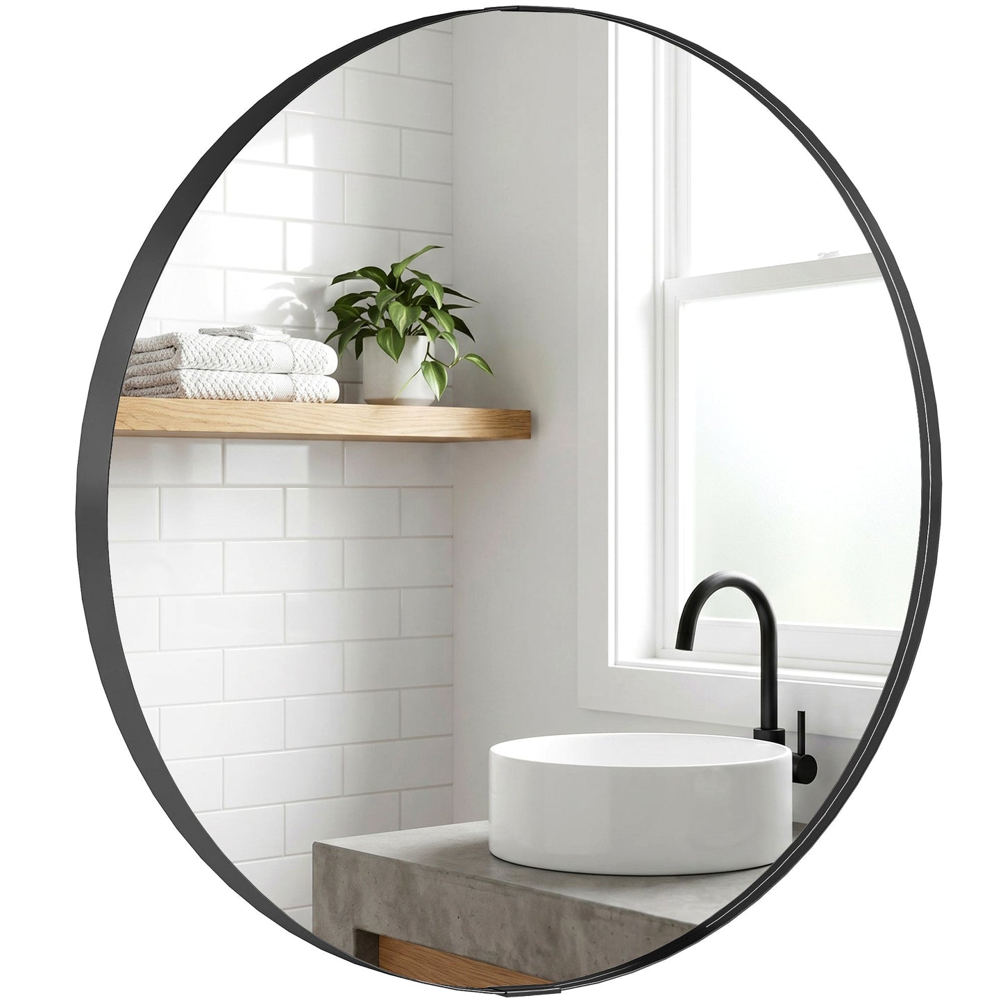 Round Wall Mirror 61 cm, Wall Mounted Bathroom Mirror with Tempered Safety Glass and Aluminium Alloy Frame for Living Room, Bedroom, Entryway, Home, Black