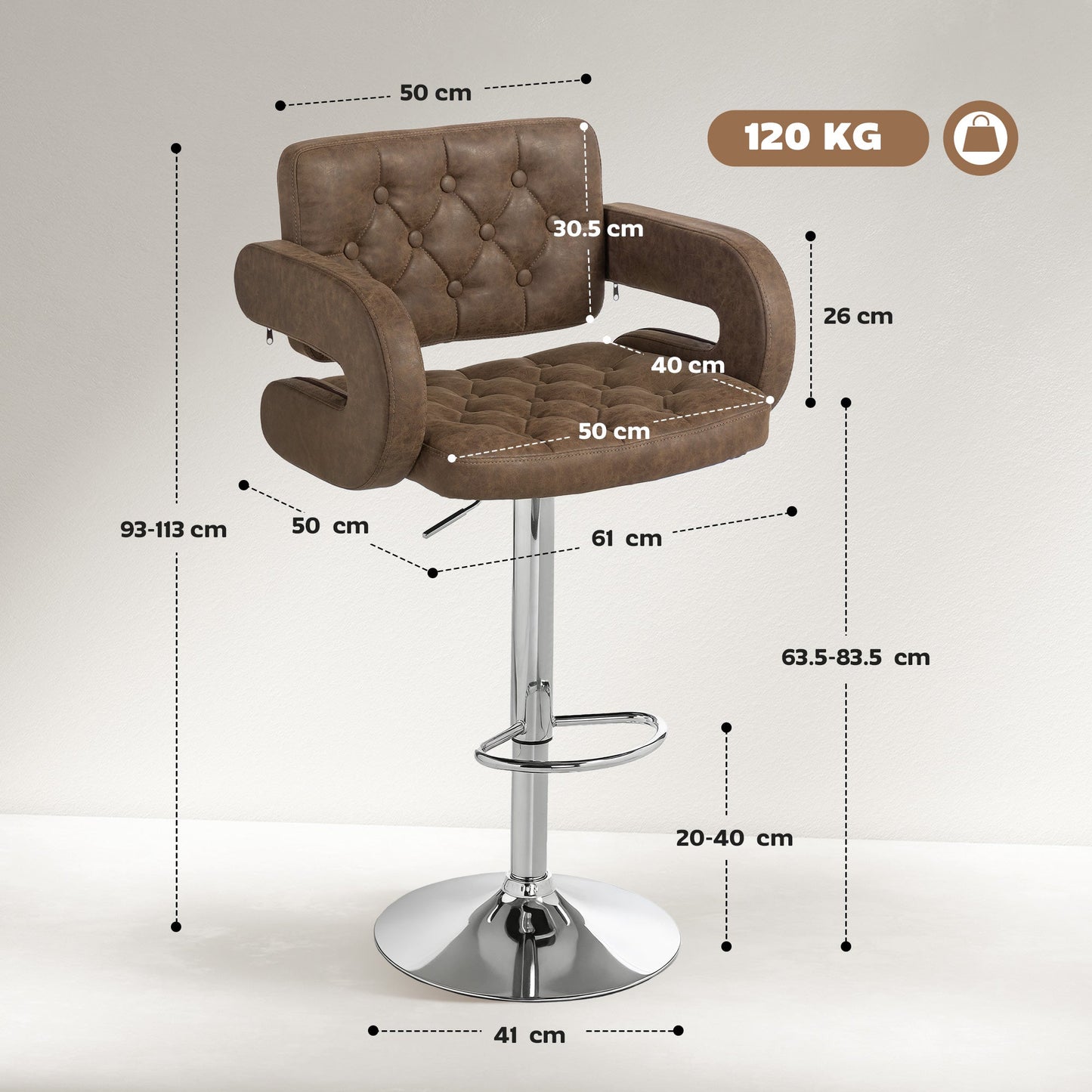 Swivel Bar Stool with Extra Large Seat, PU Leather Upholstered Adjustable Barstool with Back, Arm and Footrest, Breakfast Bar Chair for Bistro, Kitchen, Coffee