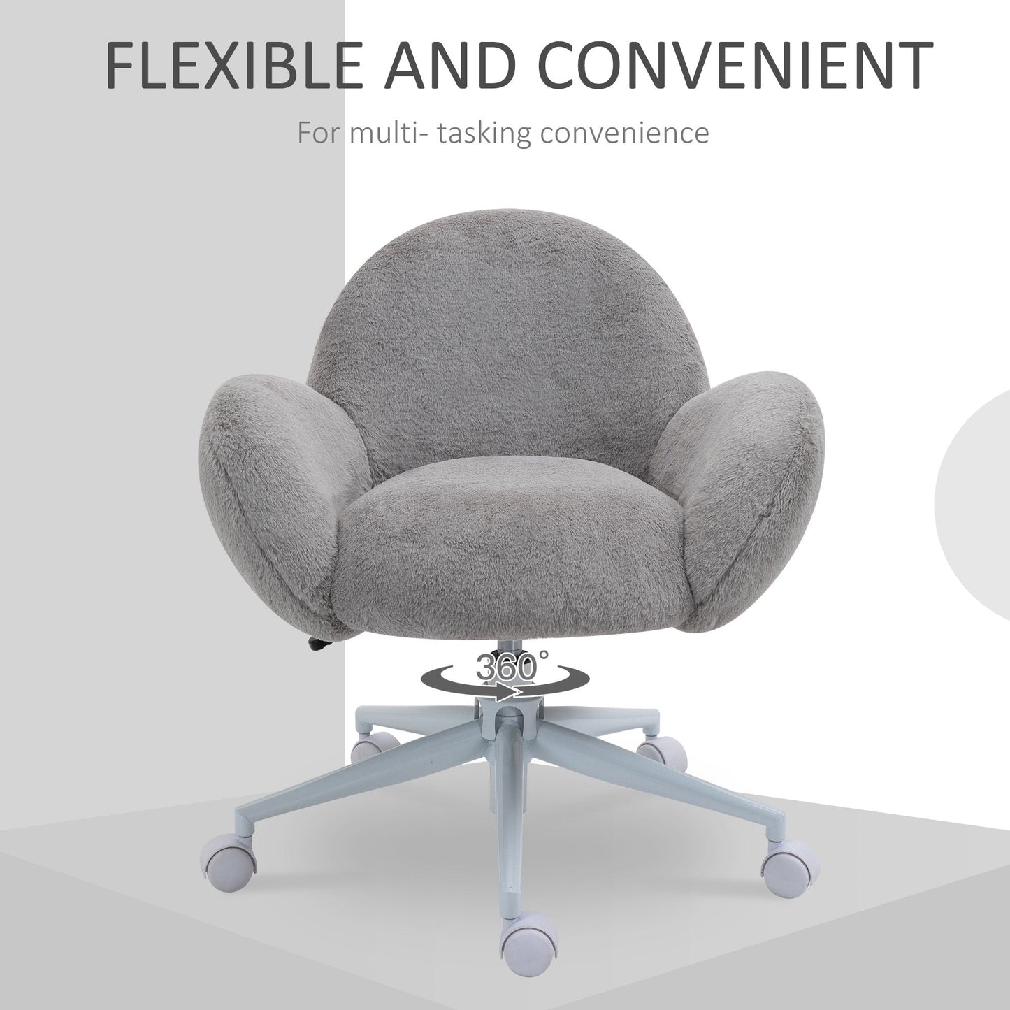 HOMCOM Fluffy Desk Chair, Cute Makeup Vanity Chair with Rolling Wheels for Home Bedroom Living Room, Grey