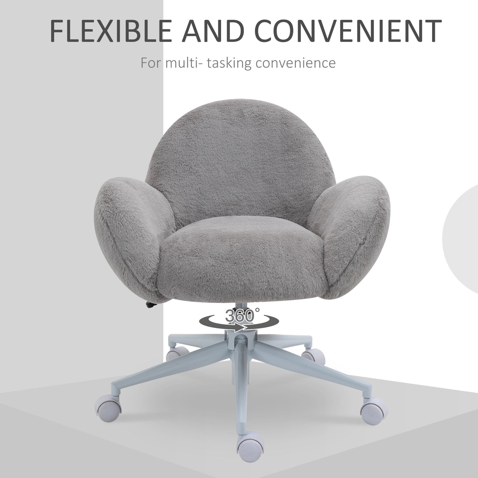 HOMCOM Fluffy Desk Chair, Cute Makeup Vanity Chair with Rolling Wheels for Home Bedroom Living Room, Grey