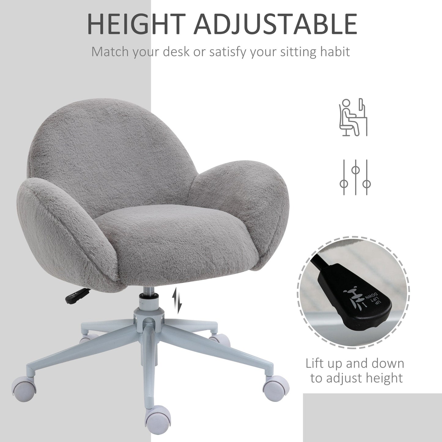 HOMCOM Fluffy Desk Chair, Cute Makeup Vanity Chair with Rolling Wheels for Home Bedroom Living Room, Grey