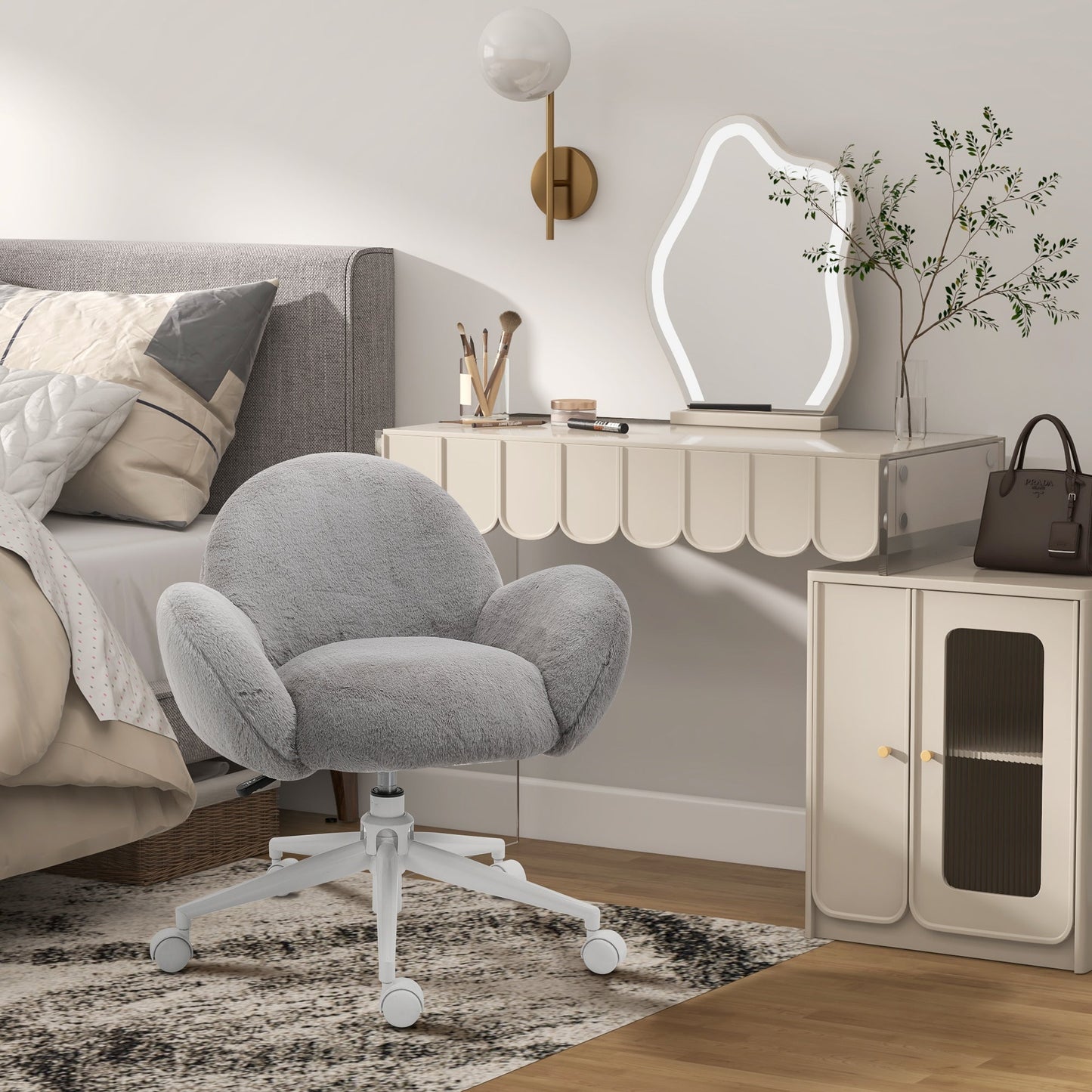 HOMCOM Fluffy Desk Chair, Cute Makeup Vanity Chair with Rolling Wheels for Home Bedroom Living Room, Grey