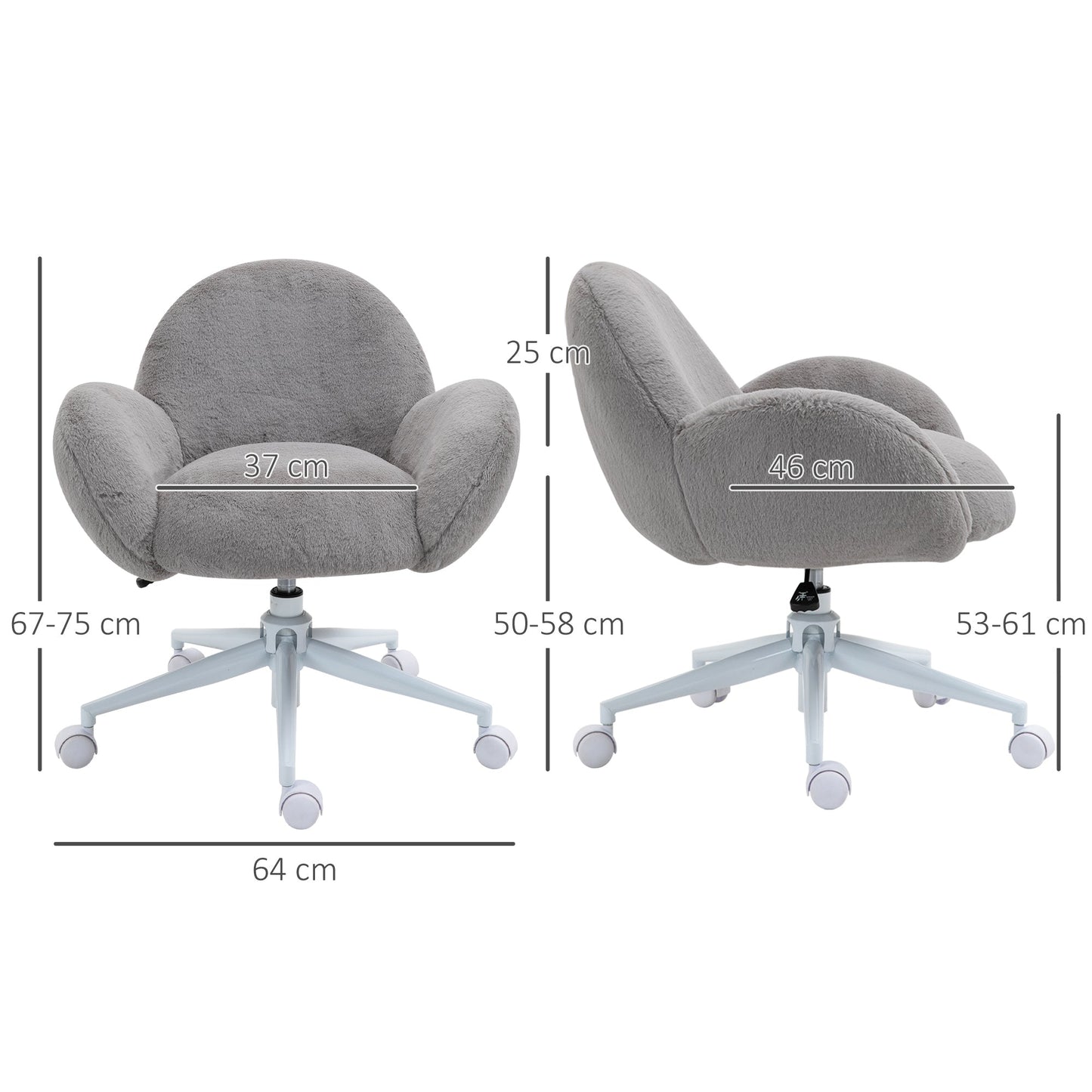 HOMCOM Fluffy Desk Chair, Cute Makeup Vanity Chair with Rolling Wheels for Home Bedroom Living Room, Grey