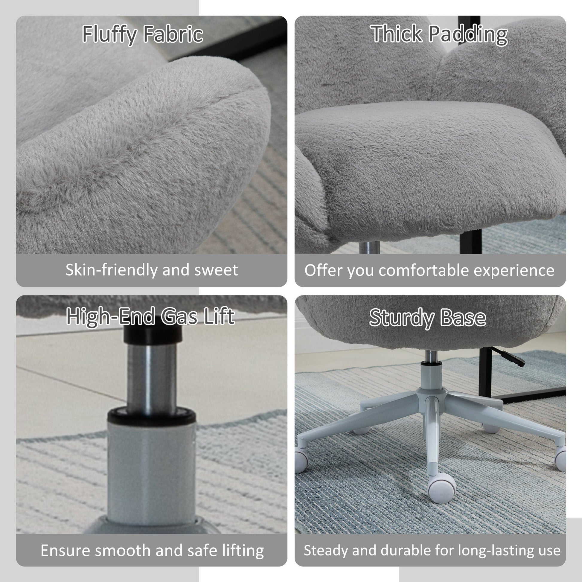 HOMCOM Fluffy Desk Chair, Cute Makeup Vanity Chair with Rolling Wheels for Home Bedroom Living Room, Grey
