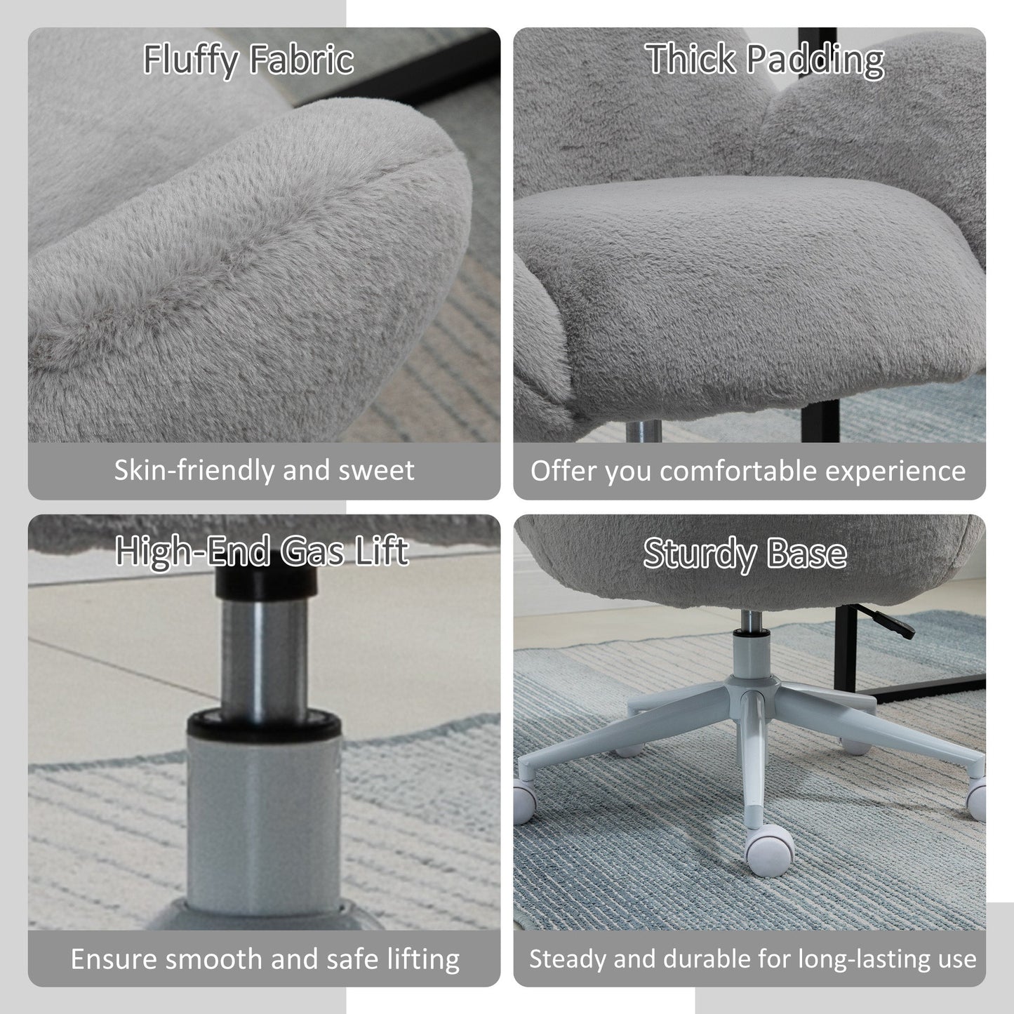 HOMCOM Fluffy Desk Chair, Cute Makeup Vanity Chair with Rolling Wheels for Home Bedroom Living Room, Grey