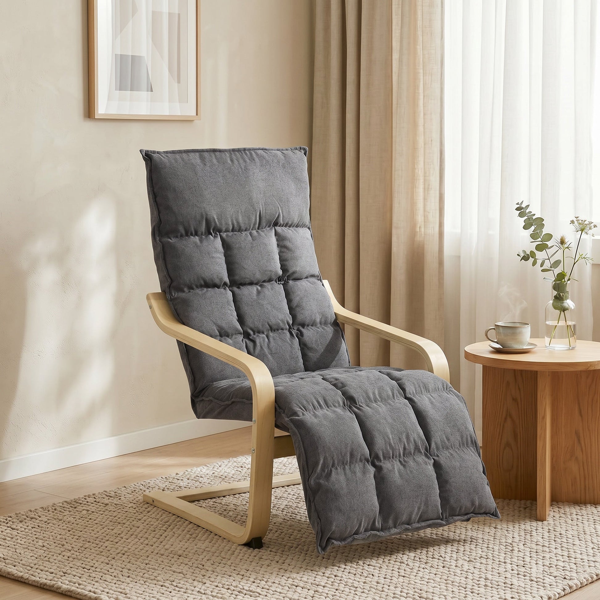 Accent Chair, Linen-Look Fabric Armchair with Footrest, Plush Cushion, High Back, Wide Seat, Curved Legs and Arms, Gentle Motion, Leisure Lounge Chair for Living Room, Bedroom, Grey