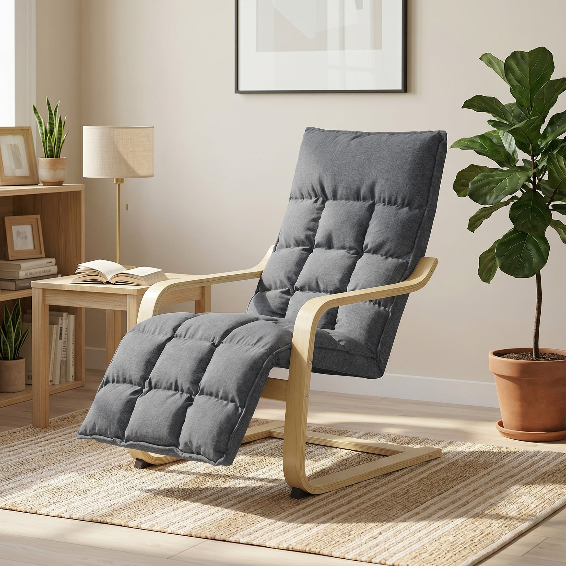 Accent Chair, Linen-Look Fabric Armchair with Footrest, Plush Cushion, High Back, Wide Seat, Curved Legs and Arms, Gentle Motion, Leisure Lounge Chair for Living Room, Bedroom, Grey