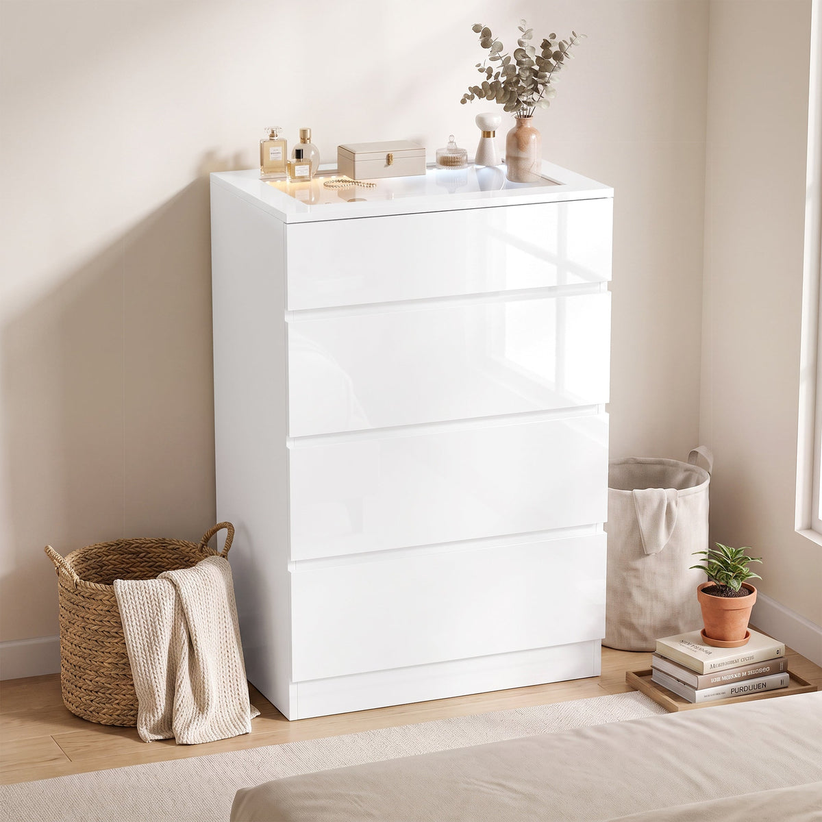 High Gloss 4 Drawer Chest of Drawers with Tempered Glass Top and RGB LED Lights, Modern Dresser with Jewelry Organizer, APP Control, Storage Cabinet for Bedroom Living Room, 60 x 40 x 90 cm, White