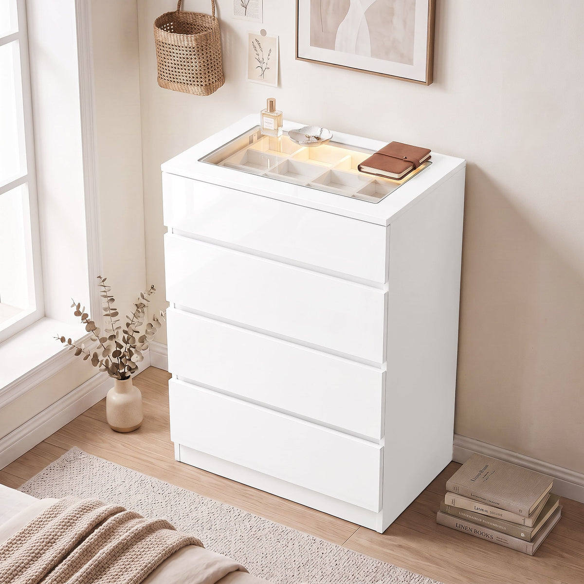 High Gloss 4 Drawer Chest of Drawers with Tempered Glass Top and RGB LED Lights, Modern Dresser with Jewelry Organizer, APP Control, Storage Cabinet for Bedroom Living Room, 60 x 40 x 90 cm, White