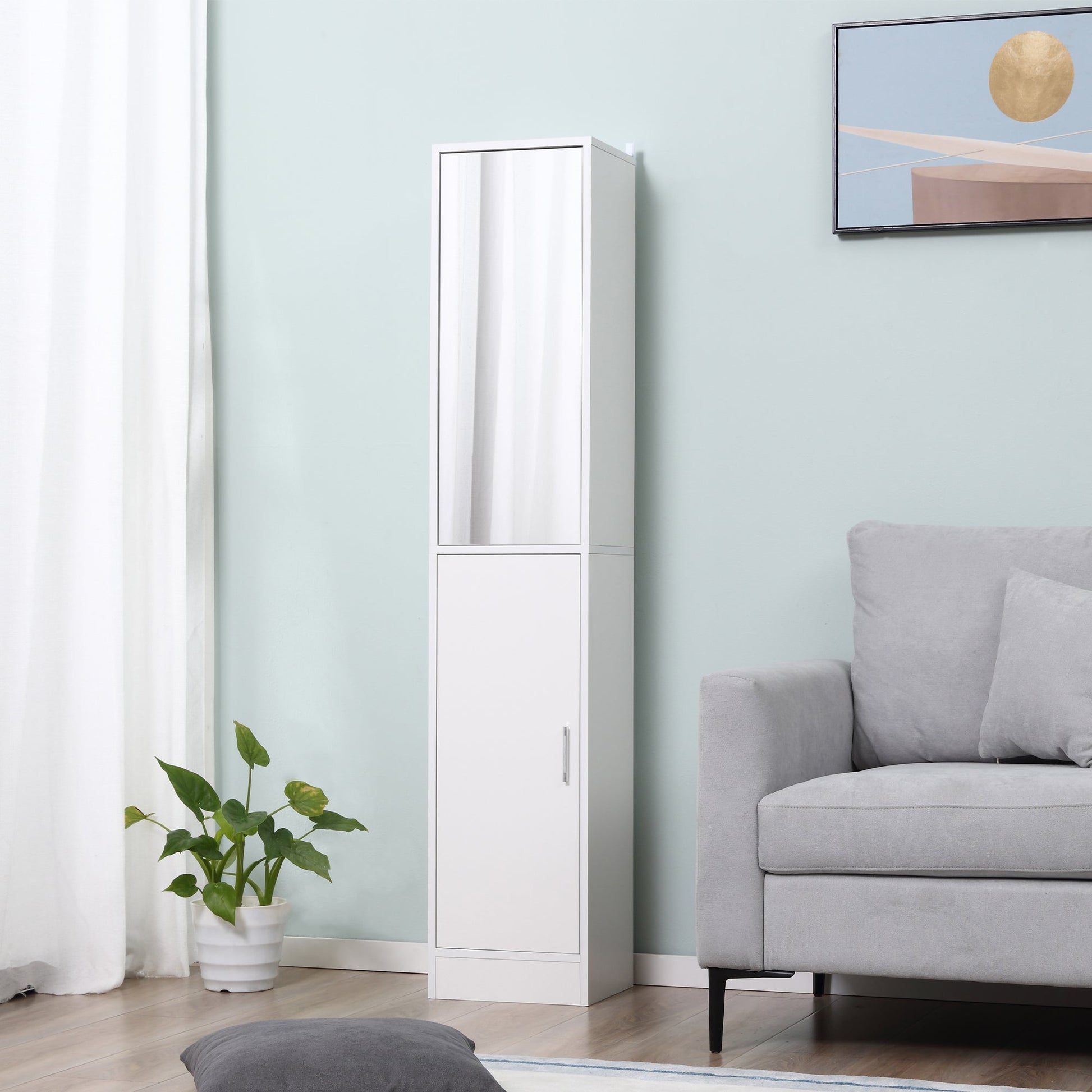 kleankin Tall Mirrored Bathroom Cabinet, Bathroom Storage Cupboard, Floor Standing Tallboy Unit with Adjustable Shelf, White
