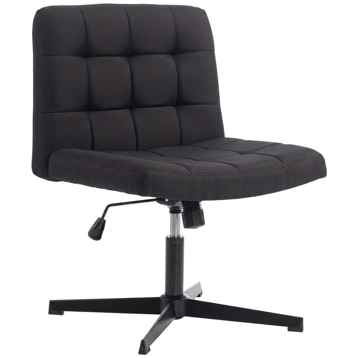 Armless Office Chair, Cross Legged Linen Computer Desk Vanity Chair with Wide Seat, Rocking Function, Swivel, Adjustable Height for Home Office, Study, Bedroom, Makeup, Black
