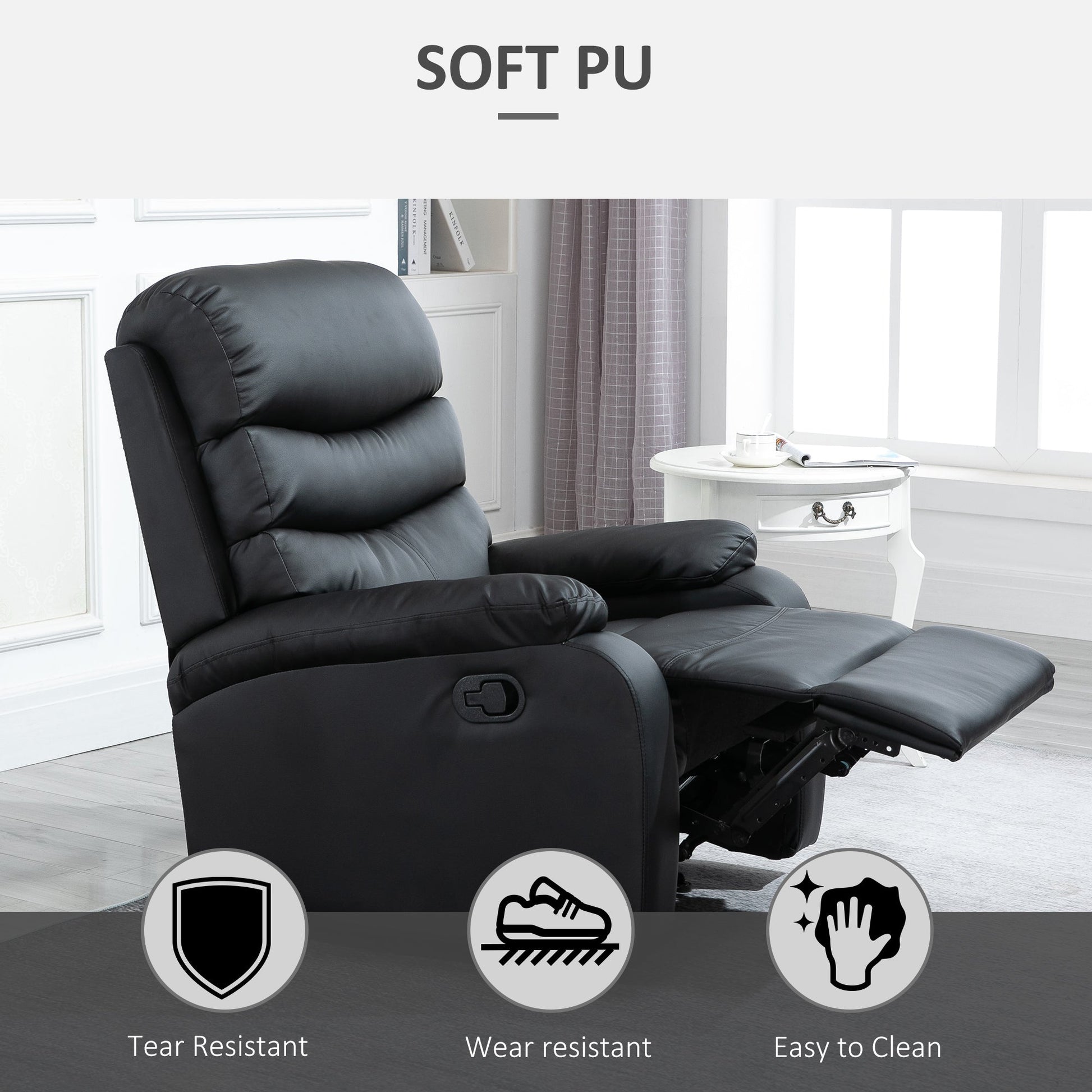 HOMCOM Recliner Armchair, PU Leather Reclining Chair with Adjustable Leg Rest, for Home Living Room Theater, Black
