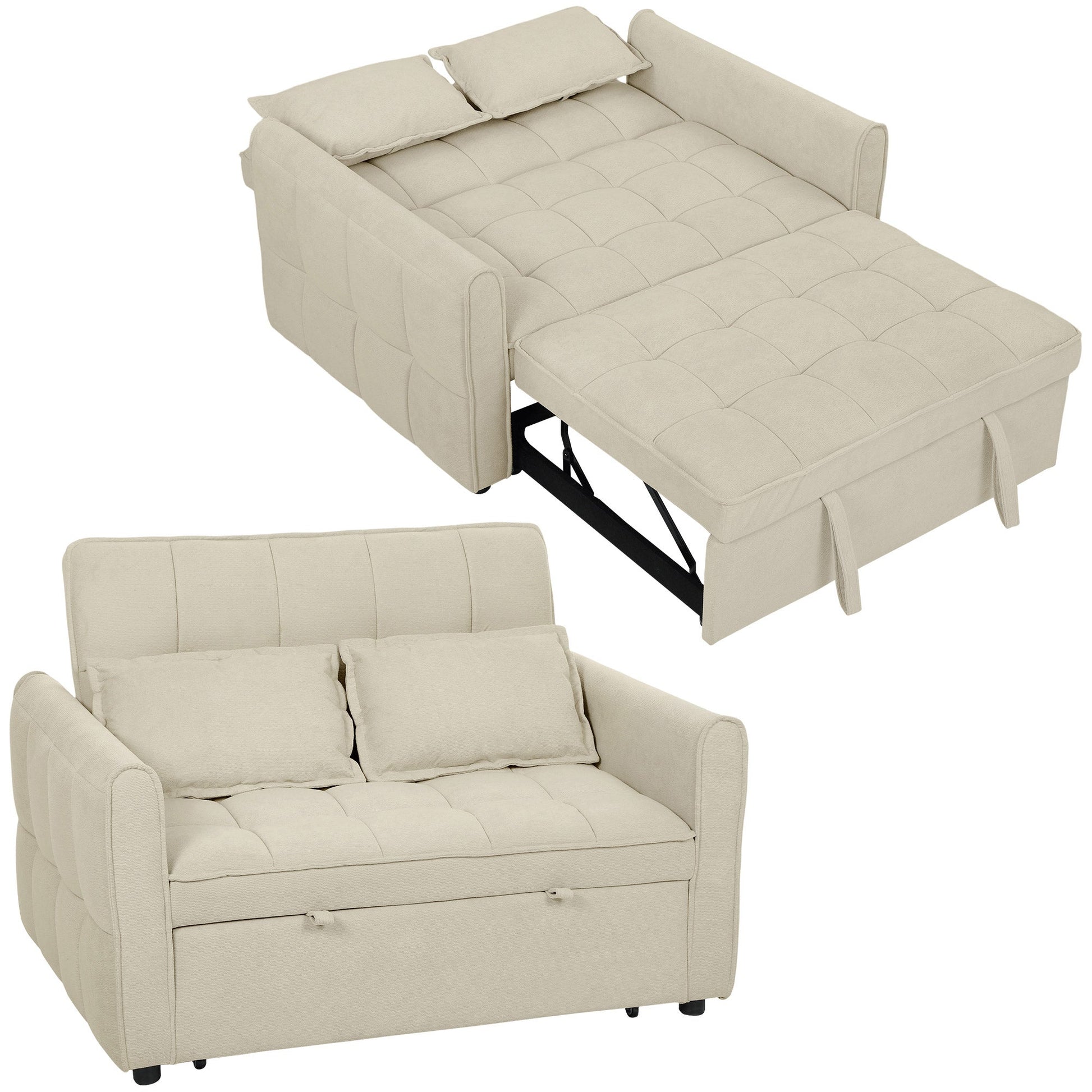 2 Seater Sofa Bed, 3-in-1 Convertible Sleeper Sofa with Click-clack Adjustable Backrest and 2 Pillows, Pull Out Corn Velvet-feel Fabric Bed Settee for Living Room, Guest Room, Light Brown