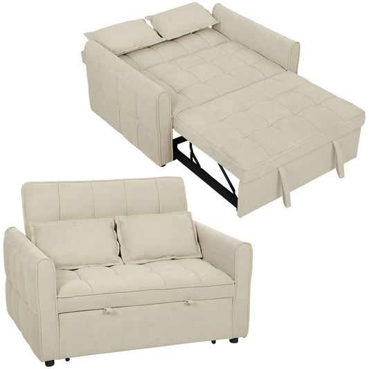 2 Seater Sofa Bed, 3-in-1 Convertible Sleeper Sofa with Click-clack Adjustable Backrest and 2 Pillows, Pull Out Corn Velvet-feel Fabric Bed Settee for Living Room, Guest Room, Light Brown