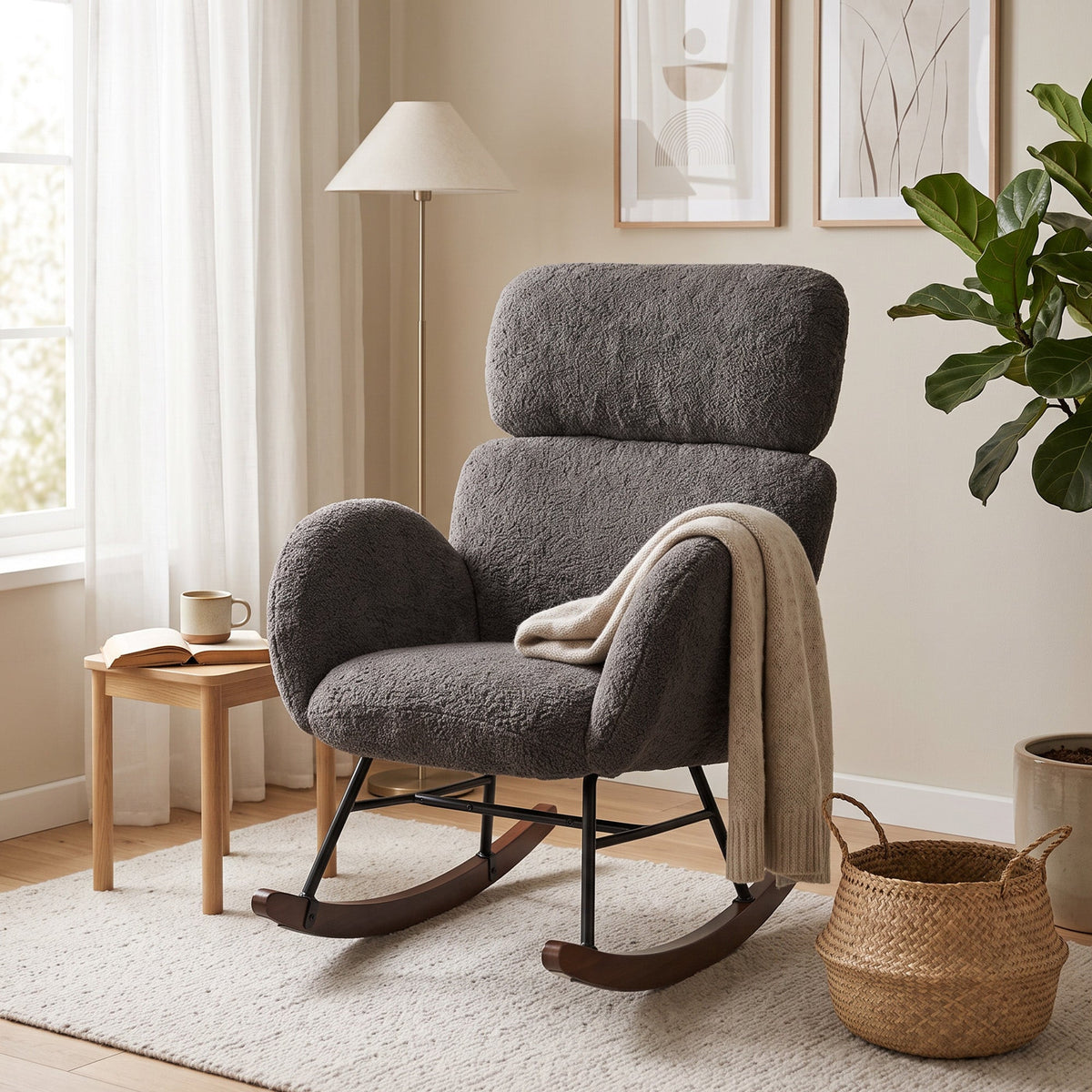Rocking Chair with Adjustable Headrest, Modern Velvet Upholstered Rocker Chair, Steel Frame and Rubberwood Legs, Foam Padded Armrests, Wide Seat for Living Room, Bedroom, Study, Dark Grey