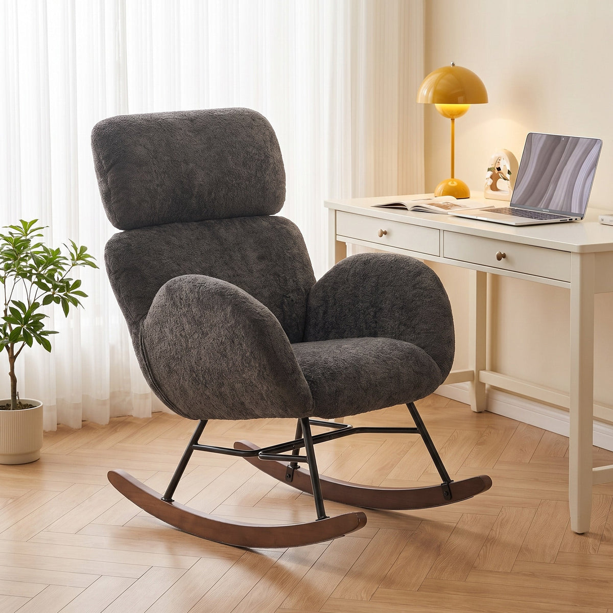 Rocking Chair with Adjustable Headrest, Modern Velvet Upholstered Rocker Chair, Steel Frame and Rubberwood Legs, Foam Padded Armrests, Wide Seat for Living Room, Bedroom, Study, Dark Grey