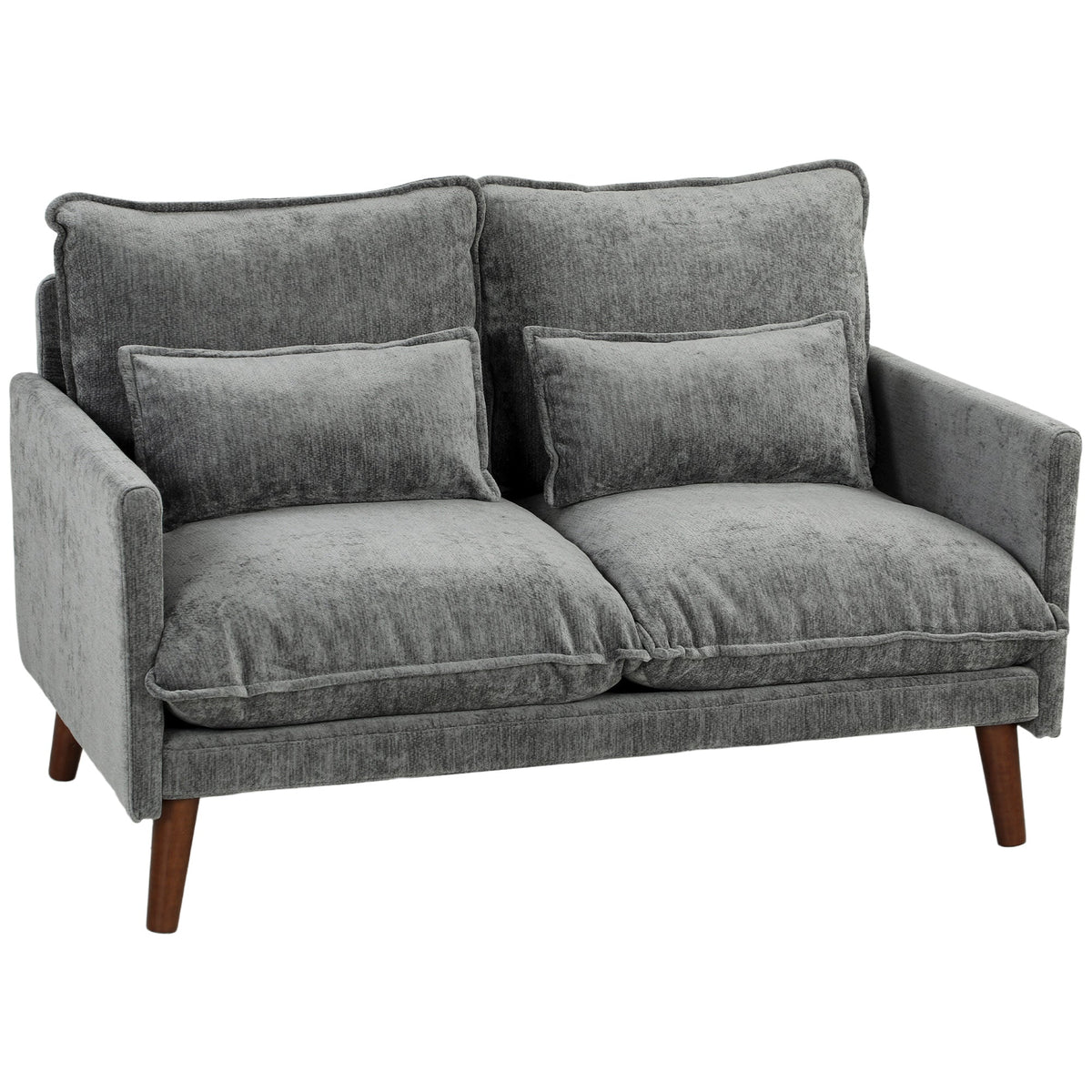 2 Seater Sofa, 131cm Velvet-Feel Fabric Loveseat Sofa with Spring Cushions, Wide and Deep Seat, Wood Legs, 2 Pillows, Modern Couch Settee for Small Space, Living Room, Bedroom, Office, Grey