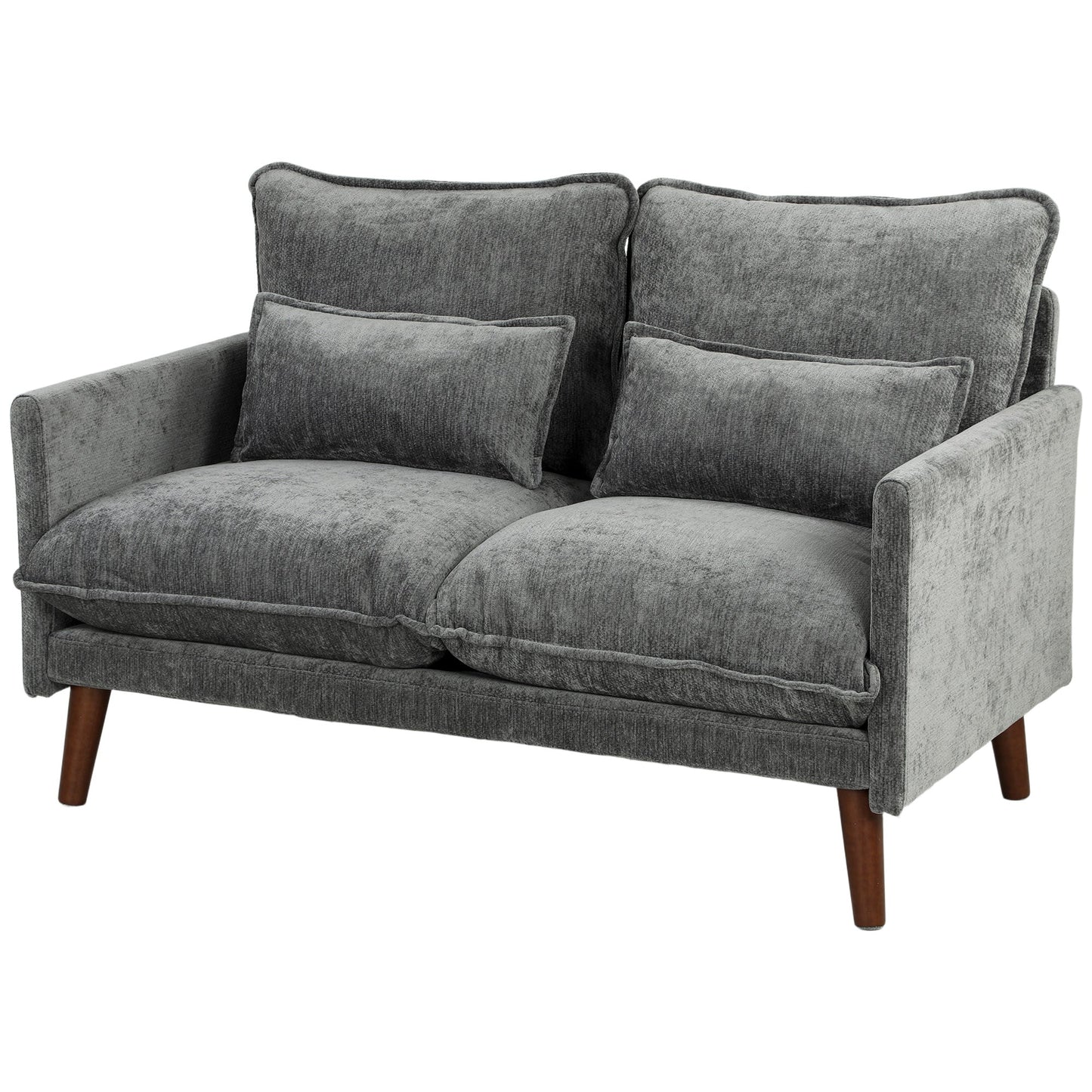 2 Seater Sofa, 131cm Velvet-Feel Fabric Loveseat Sofa with Spring Cushions, Wide and Deep Seat, Wood Legs, 2 Pillows, Modern Couch Settee for Small Space, Living Room, Bedroom, Office, Grey