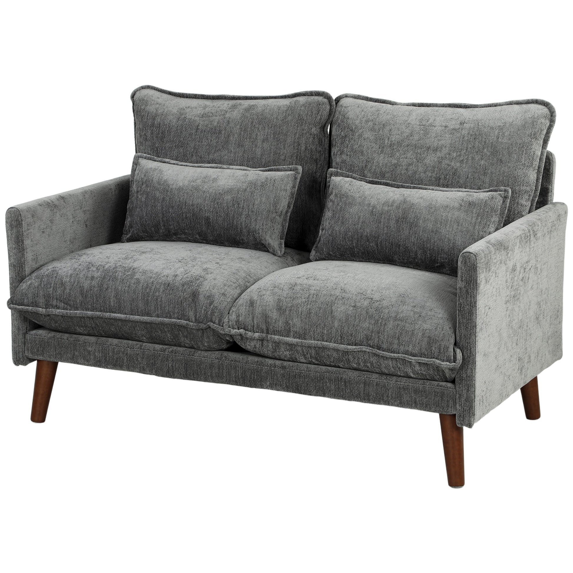 2 Seater Sofa, 131cm Velvet-Feel Fabric Loveseat Sofa with Spring Cushions, Wide and Deep Seat, Wood Legs, 2 Pillows, Modern Couch Settee for Small Space, Living Room, Bedroom, Office, Grey
