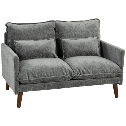 2 Seater Sofa, 131cm Velvet-Feel Fabric Loveseat Sofa with Spring Cushions, Wide and Deep Seat, Wood Legs, 2 Pillows, Modern Couch Settee for Small Space, Living Room, Bedroom, Office, Grey