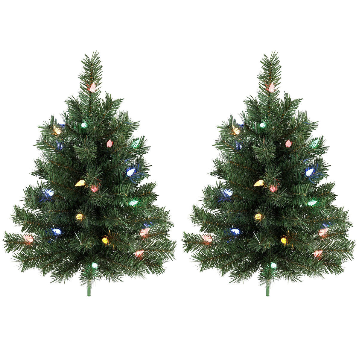 60 cm Pre-Lit Christmas Tree, 2-Pack Artificial Christmas Stake Trees with 60 Colourful LED Lights, 130 Tips, Ground Stakes, Green