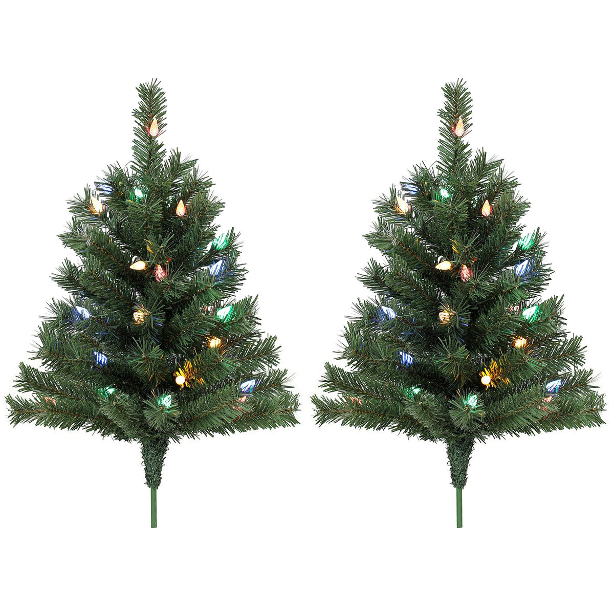 60 cm Pre-Lit Christmas Tree, 2-Pack Artificial Christmas Stake Trees with 60 Colourful LED Lights, 130 Tips, Ground Stakes, Green