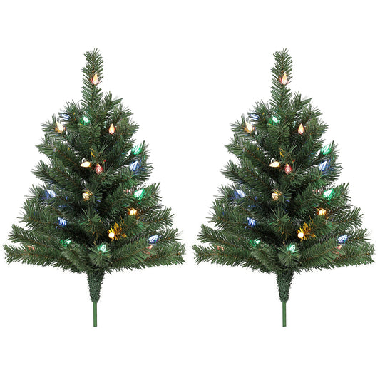 60 cm Pre-Lit Christmas Tree, 2-Pack Artificial Christmas Stake Trees with 60 Colourful LED Lights, 130 Tips, Ground Stakes, Green