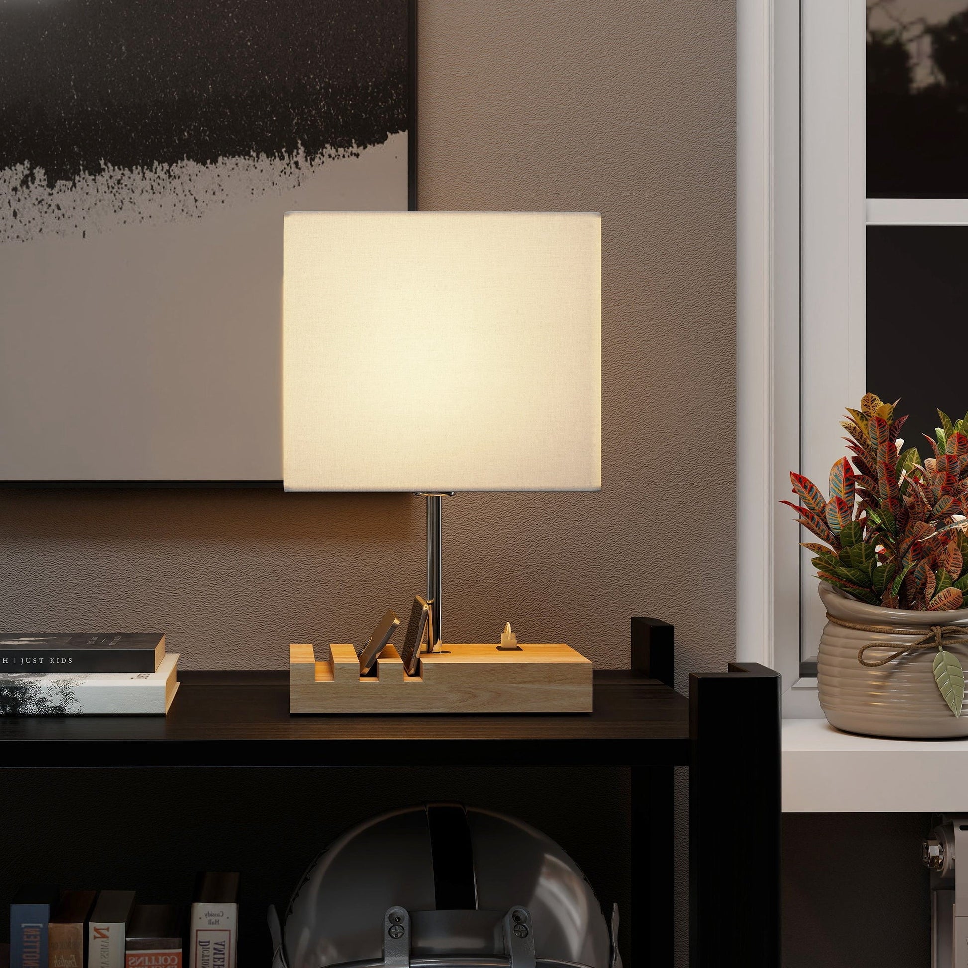 Bedside Lamp with USB A+C Charging Ports and 3 Phone Stands, Modern Table Lamp with Solid Wood Base and Fabric Shade for Bedroom Living Room Office, E27 Socket, Bulb Not Included, White