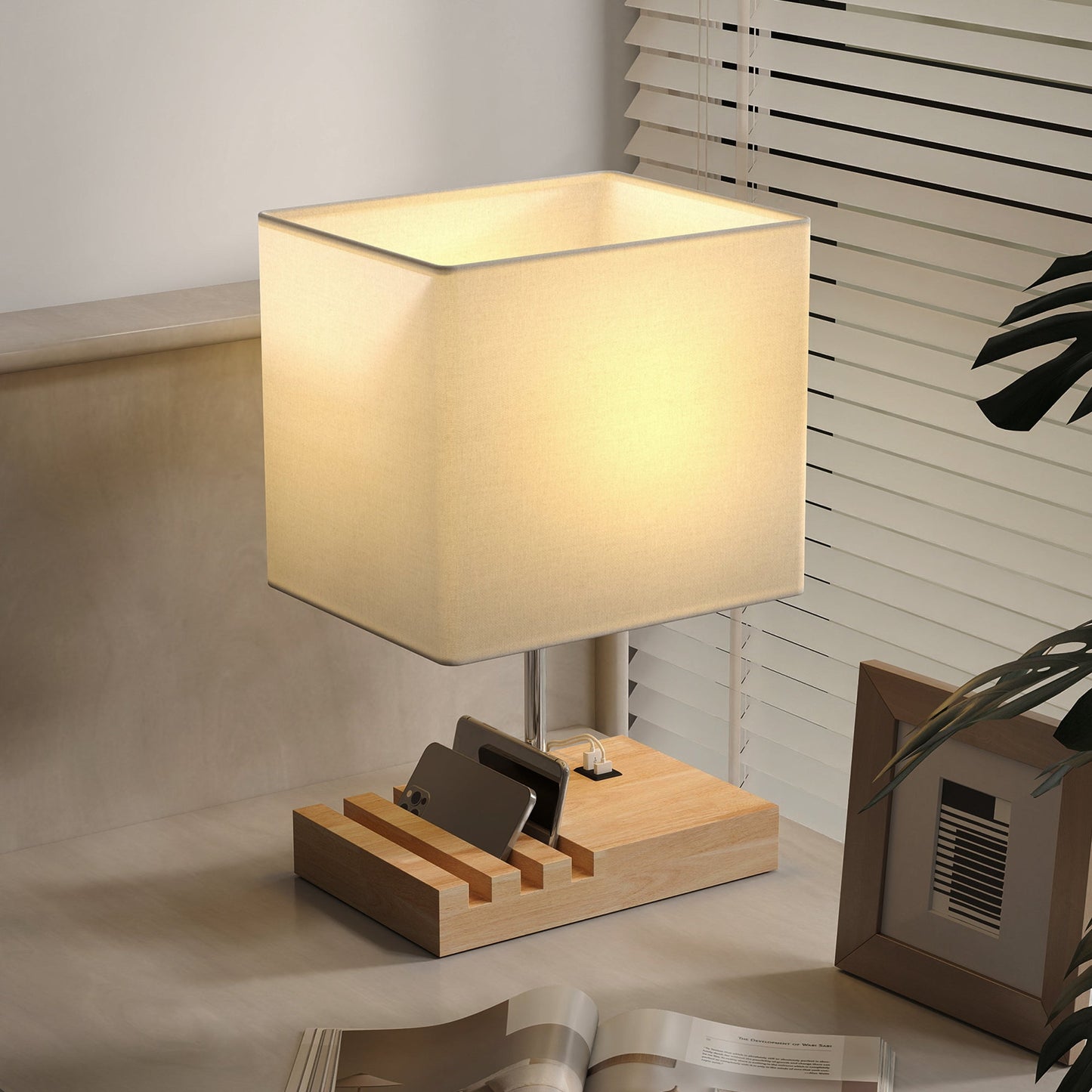 Bedside Lamp with USB A+C Charging Ports and 3 Phone Stands, Modern Table Lamp with Solid Wood Base and Fabric Shade for Bedroom Living Room Office, E27 Socket, Bulb Not Included, White
