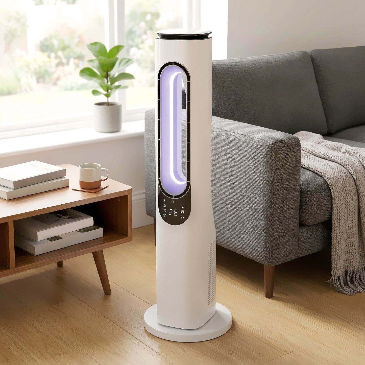 Bladeless Tower Fan for Bedroom, 35dB Standing Cooling Fan with 50° Oscillating, LED Lights, 3 Speeds, 3 Modes, 15H Timer, LED Display and Remote Control, White