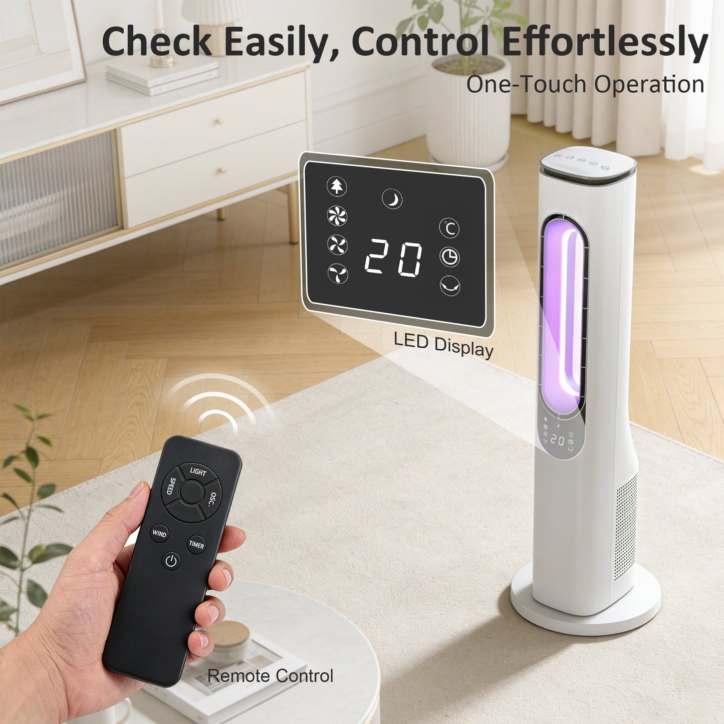 Bladeless Tower Fan for Bedroom, 35dB Standing Cooling Fan with 50° Oscillating, LED Lights, 3 Speeds, 3 Modes, 15H Timer, LED Display and Remote Control, White