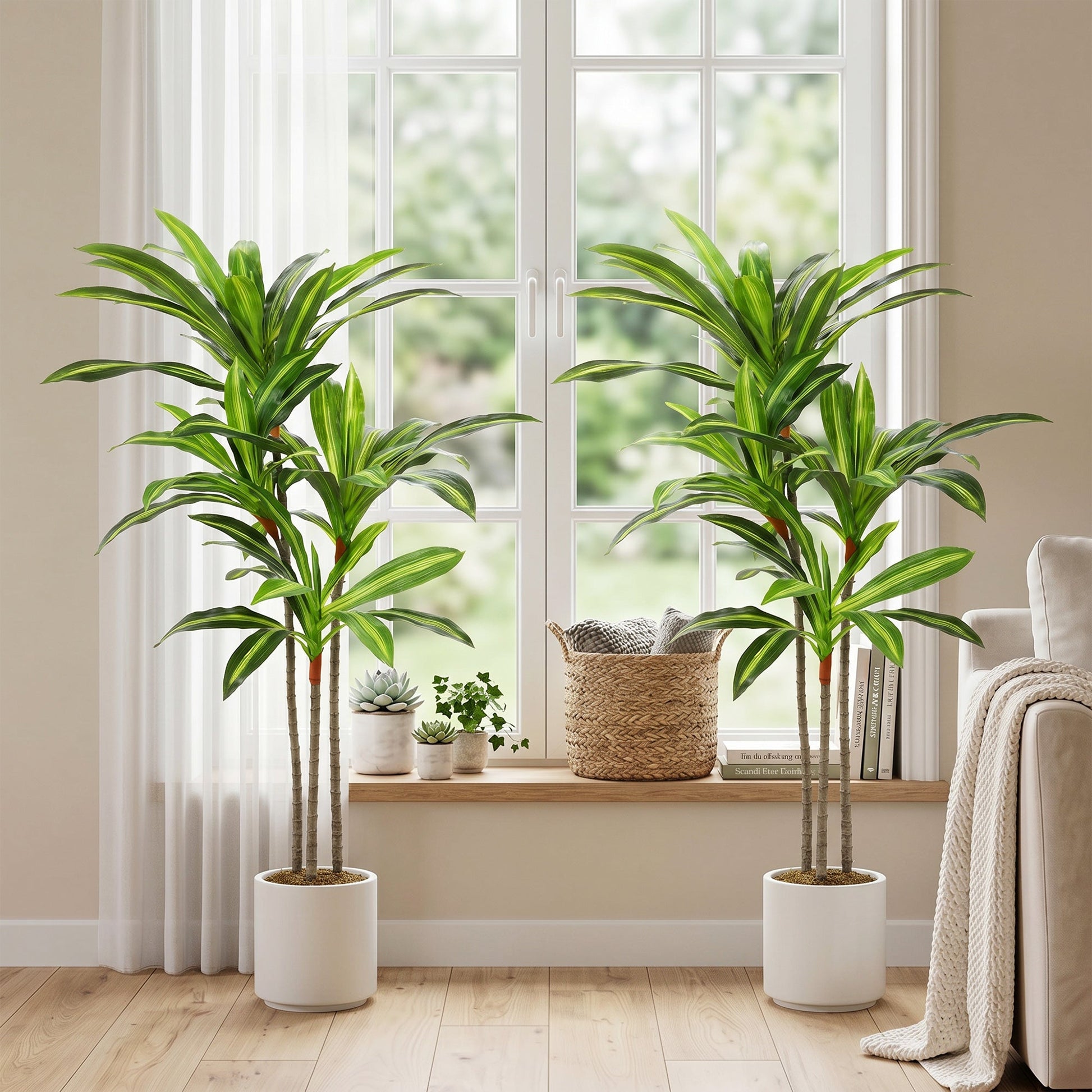 Set of 2 120cm Artificial Dracaena Trees, Decorative Artificial Plants with Bendable Trunks and White Planters for Living Room Bedroom Home Office Decor, Green