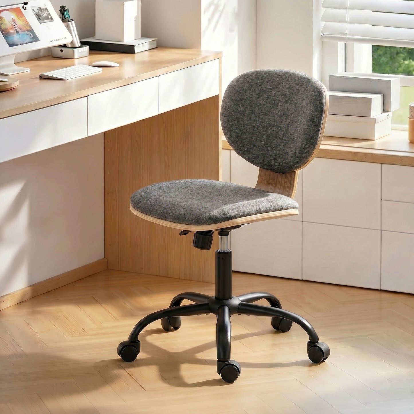 Home Office Chair, Swivel Computer Desk Chair with Rocking Function, Adjustable Height, Curved Back, Wheels, Armless, Grey