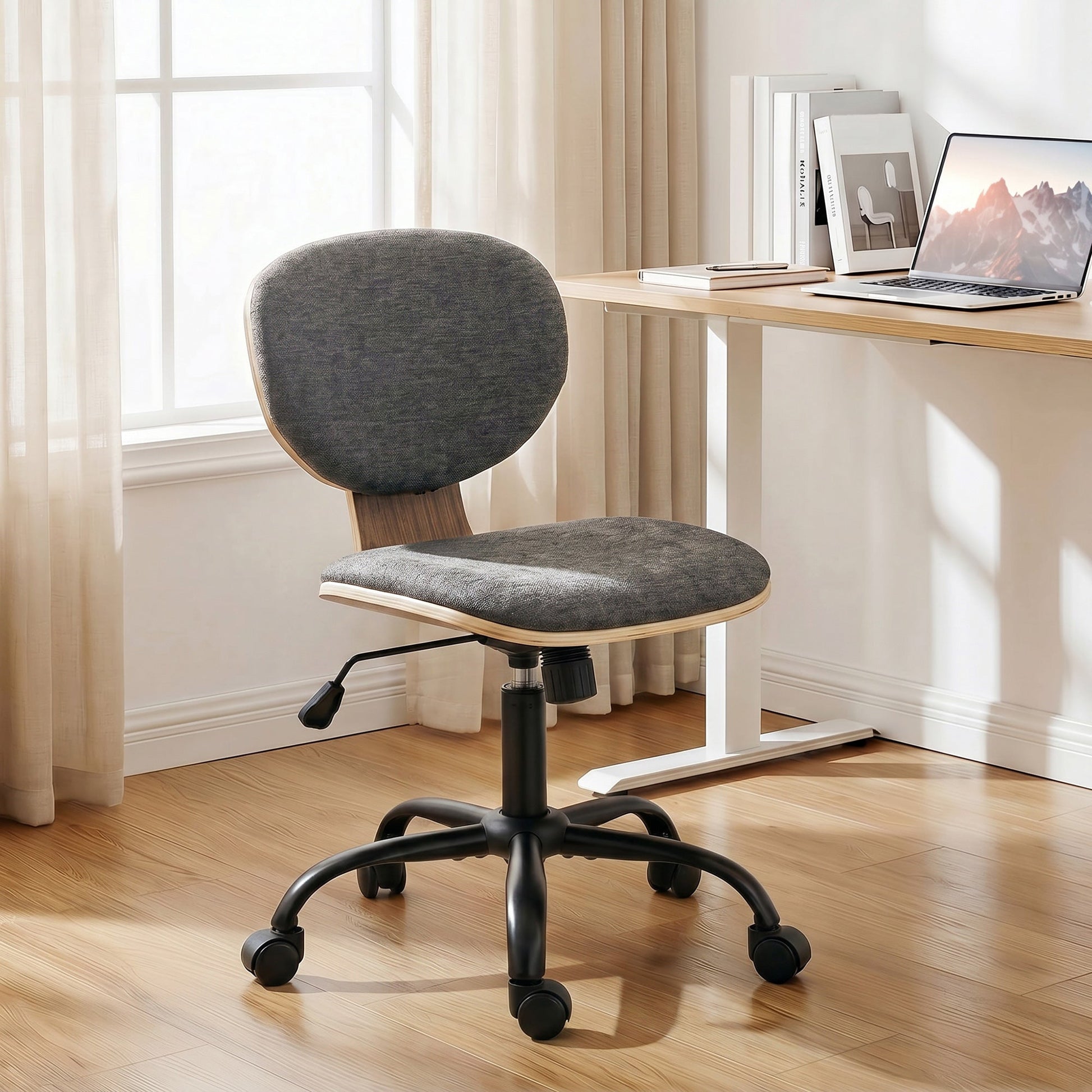 Home Office Chair, Swivel Computer Desk Chair with Rocking Function, Adjustable Height, Curved Back, Wheels, Armless, Grey