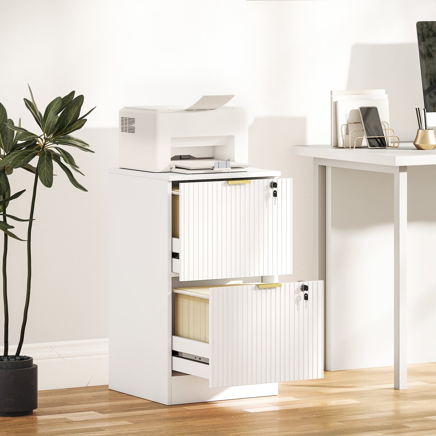 2 Drawer Filing Cabinet, Fluted Vertical File Cabinet with Lock and Adjustable Hanging Rails for A4 and Letter Size Files, Printer Stand with Storage, White