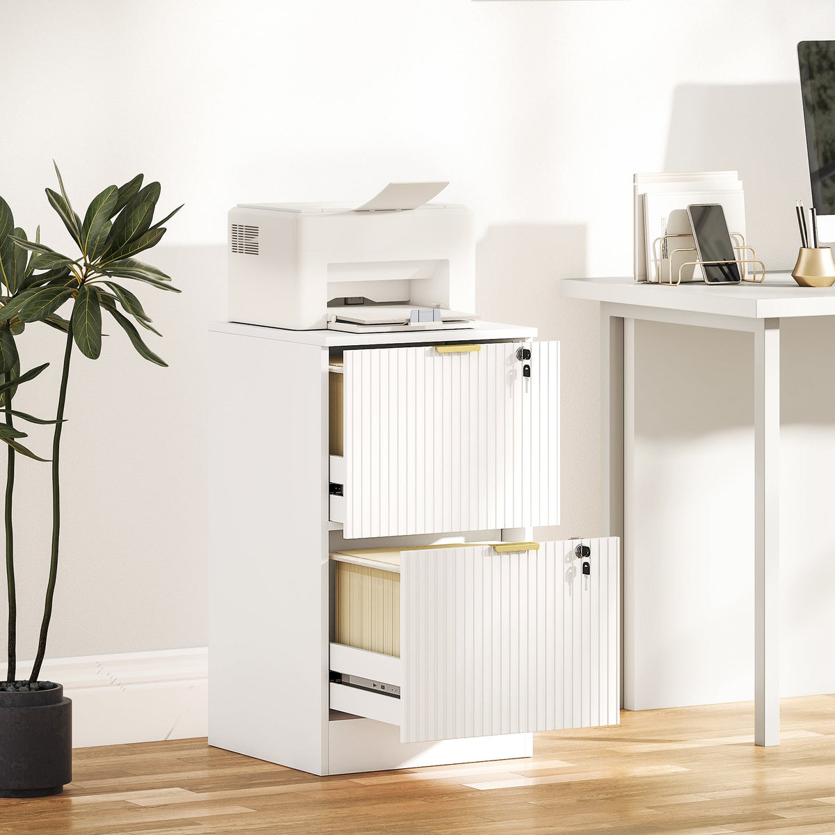 2 Drawer Filing Cabinet, Fluted Vertical File Cabinet with Lock and Adjustable Hanging Rails for A4 and Letter Size Files, Printer Stand with Storage, White