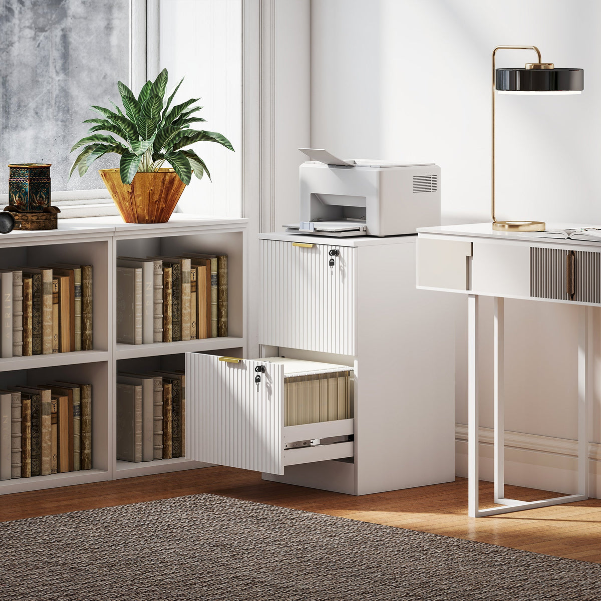 2 Drawer Filing Cabinet, Fluted Vertical File Cabinet with Lock and Adjustable Hanging Rails for A4 and Letter Size Files, Printer Stand with Storage, White