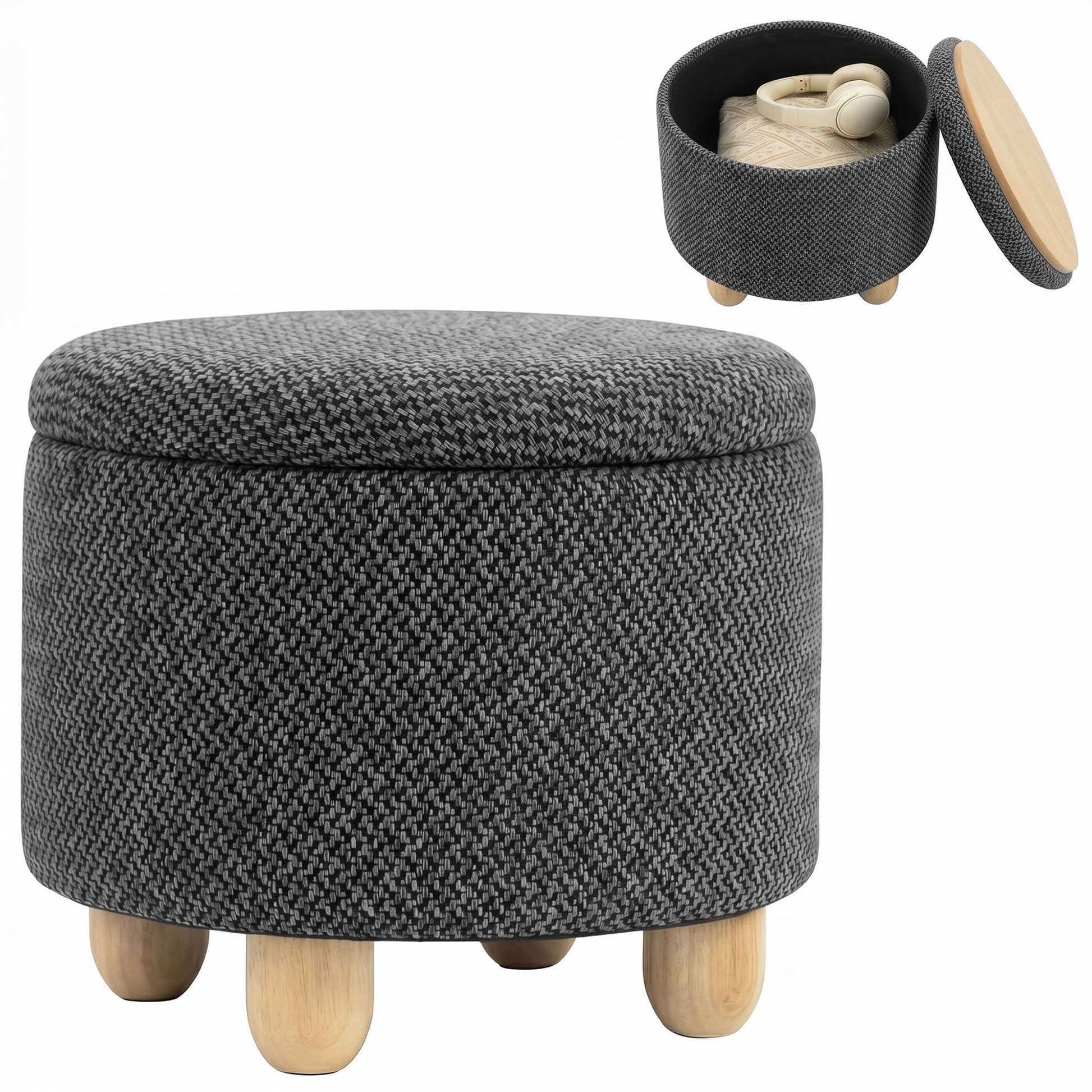 Storage Ottoman, Burlap Fabric Round Small Ottoman Foot Rest with Lid, Rubberwood Legs, End of Bed Bench Footstool for Bedroom, Hallway, Living Room, 38.5 x 38.5 cm, Dark Grey